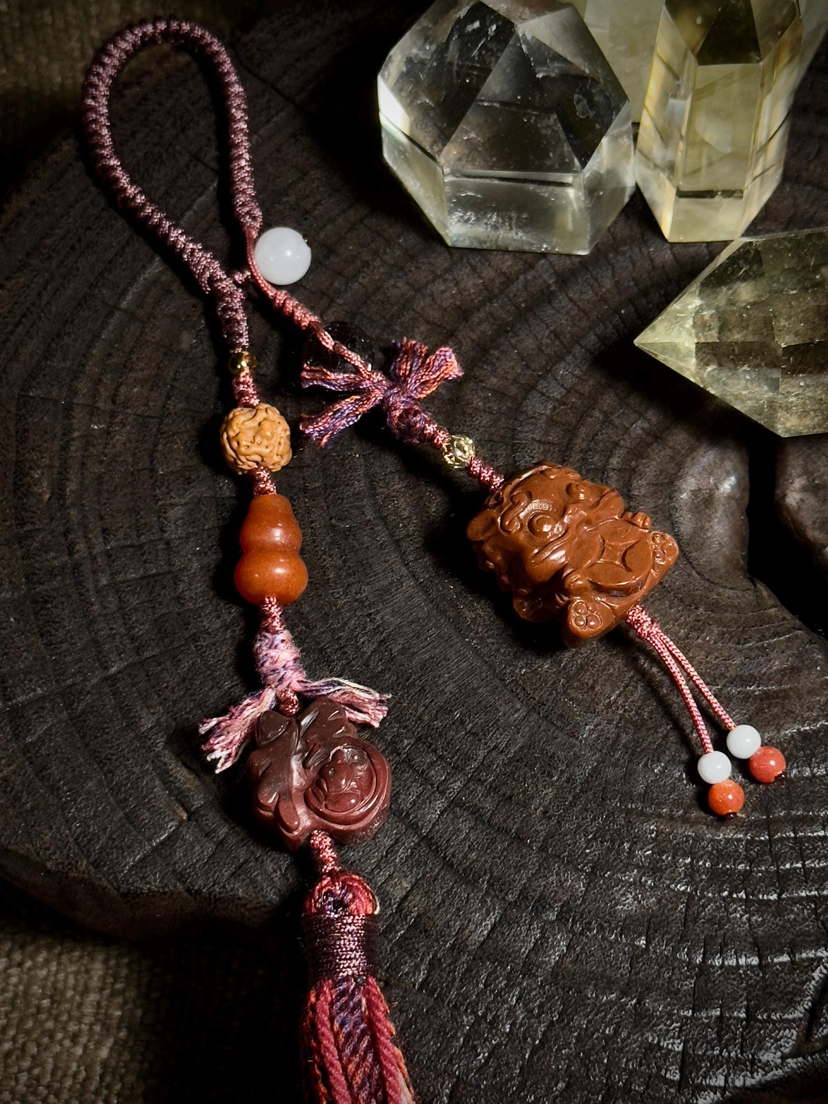 Foo Dog Pixiu and Fu symbol Alashan agate handwoven charm