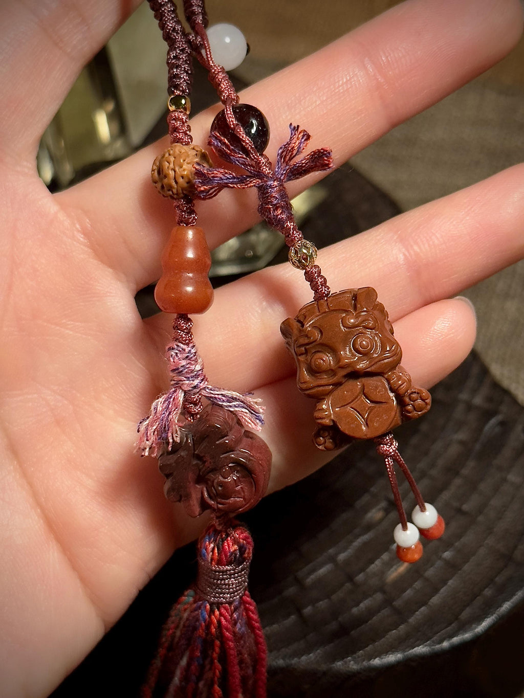 Foo Dog Pixiu and Fu symbol Alashan agate handwoven charm