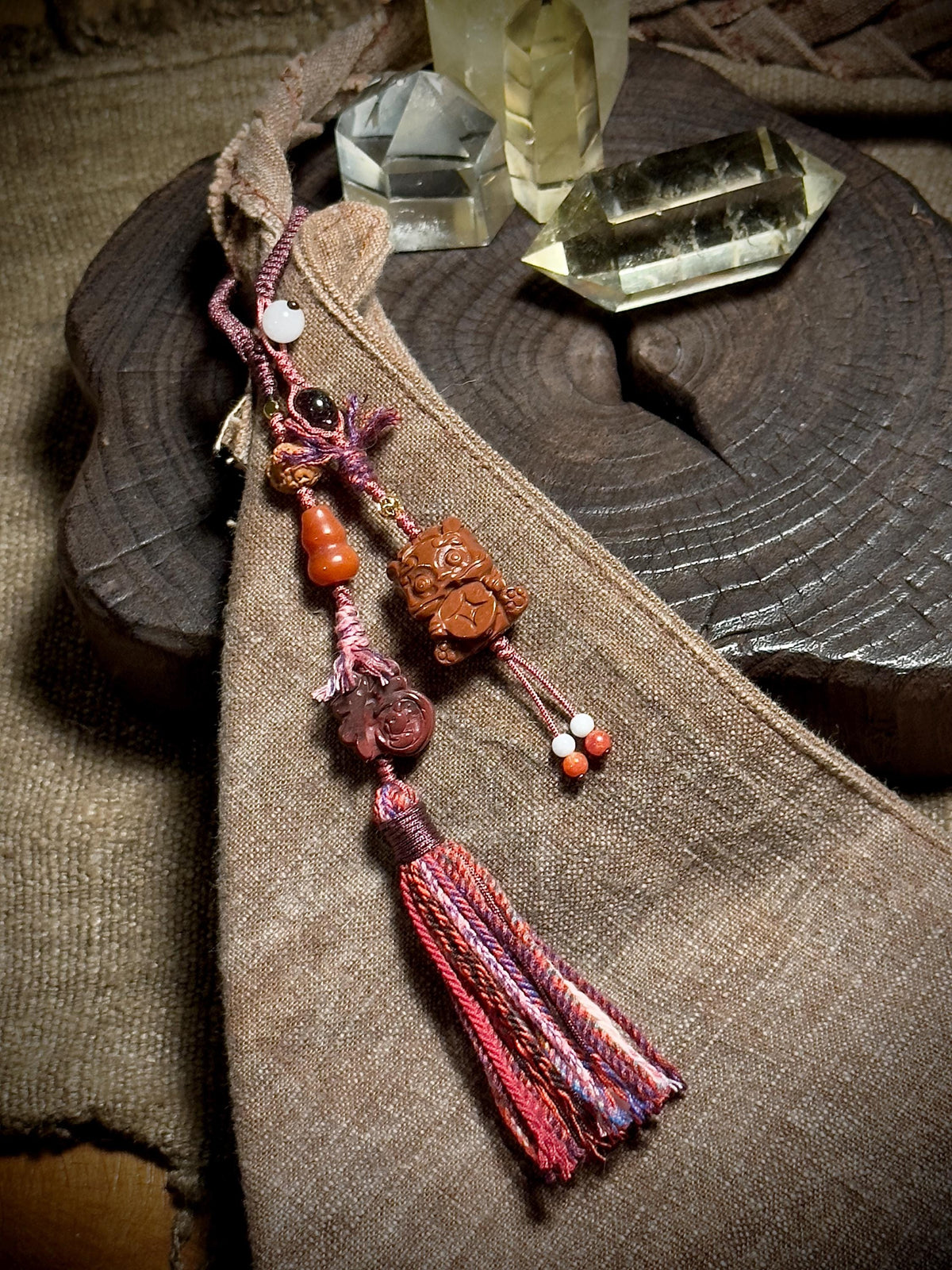Foo Dog Pixiu and Fu symbol Alashan agate handwoven charm