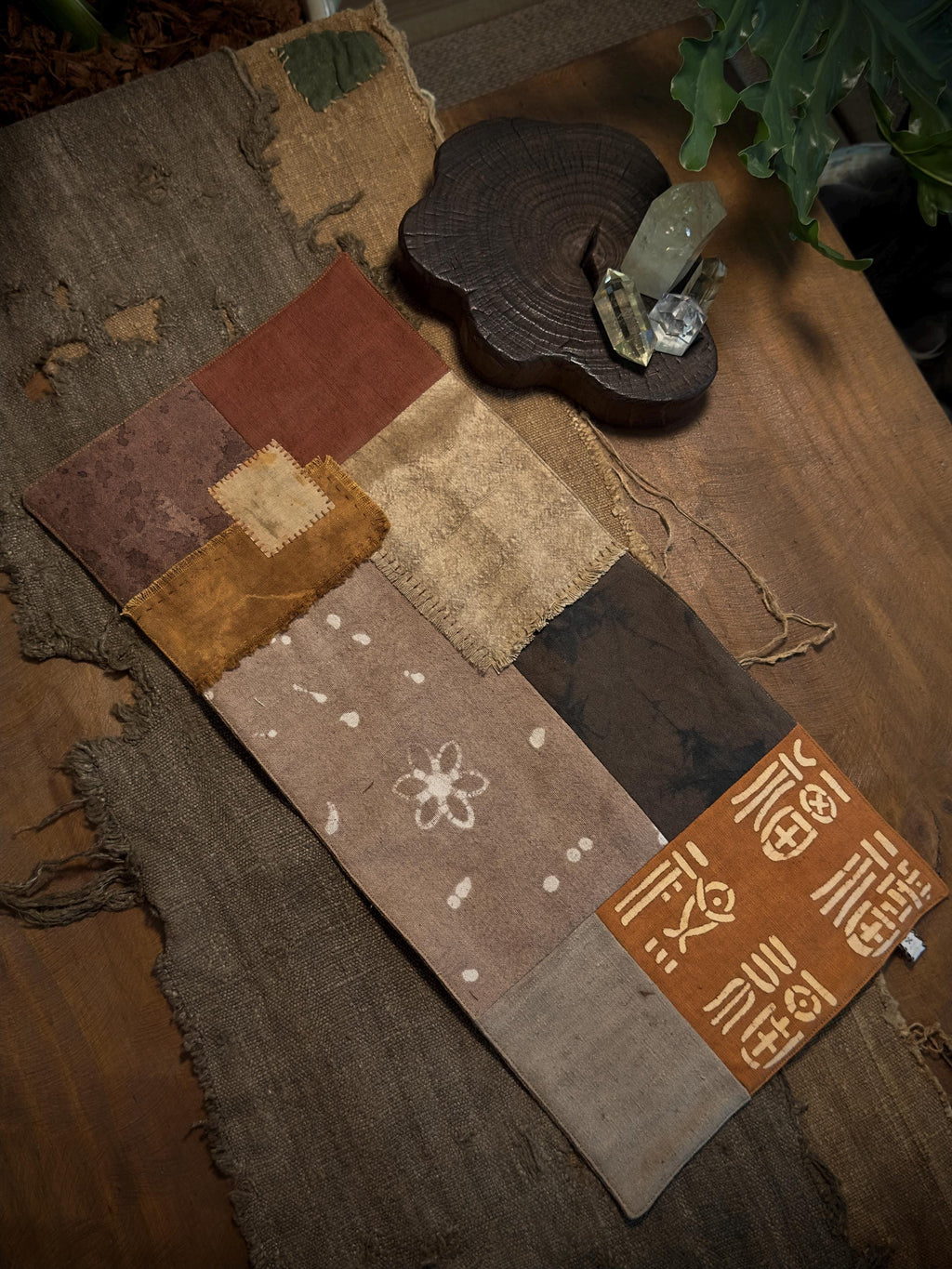 Plant-dyed patchwork tea mat with Fu pattern