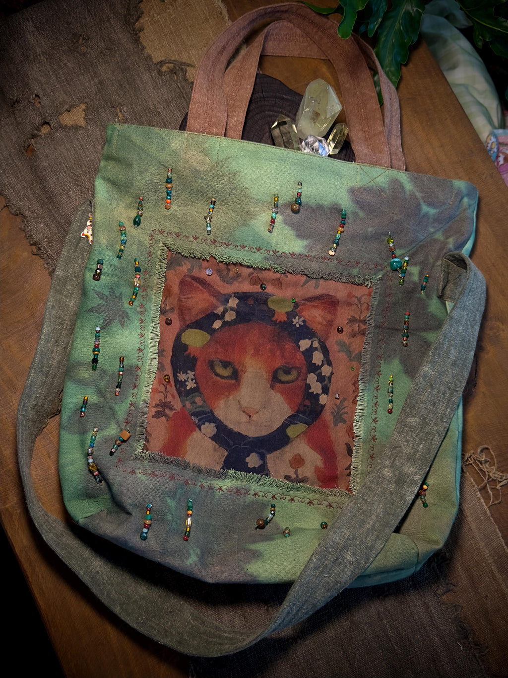 Green botanical eco print plant dyed cotton cat bag
