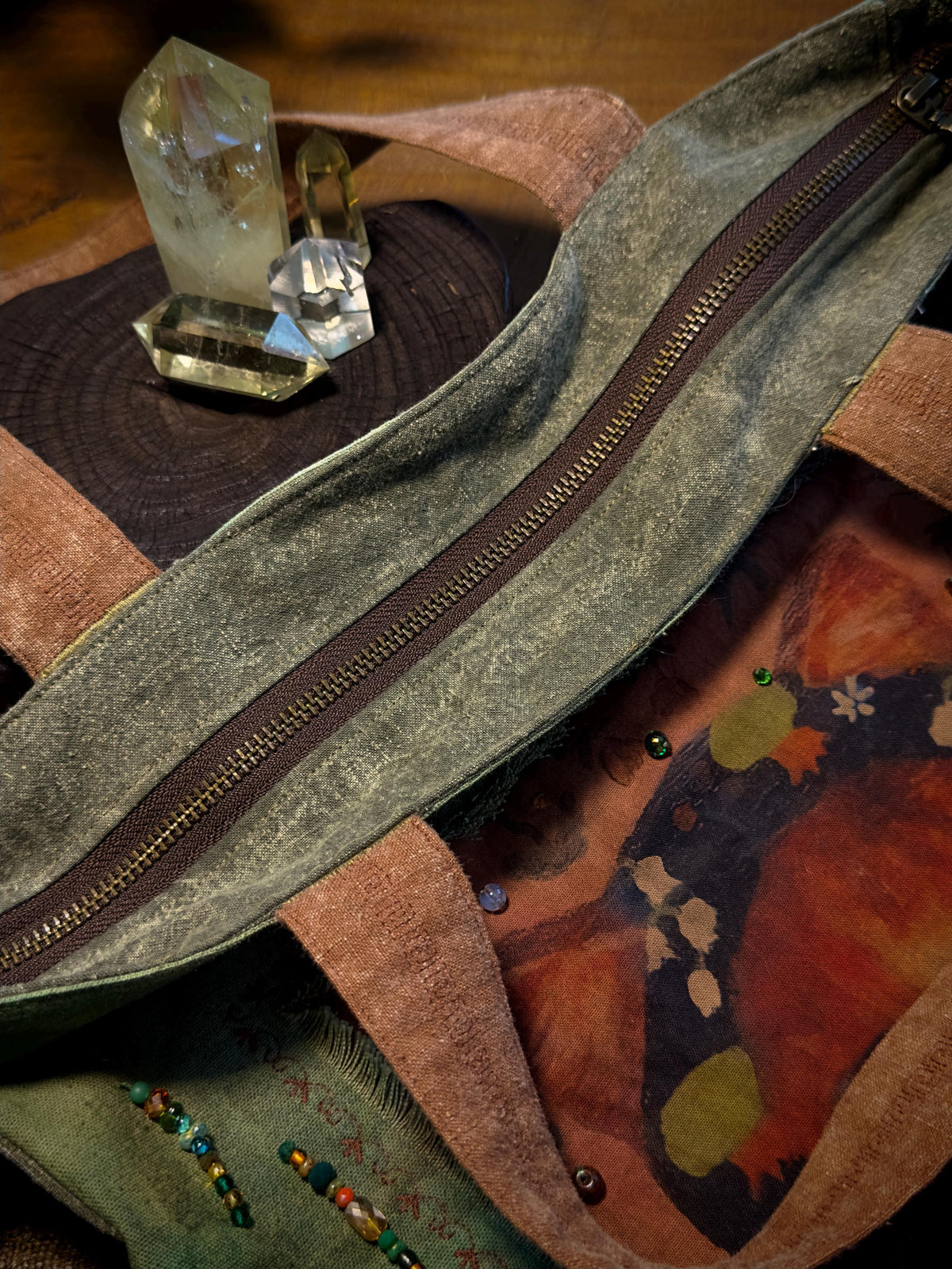 Large plant dyed laptop bag interior and detail