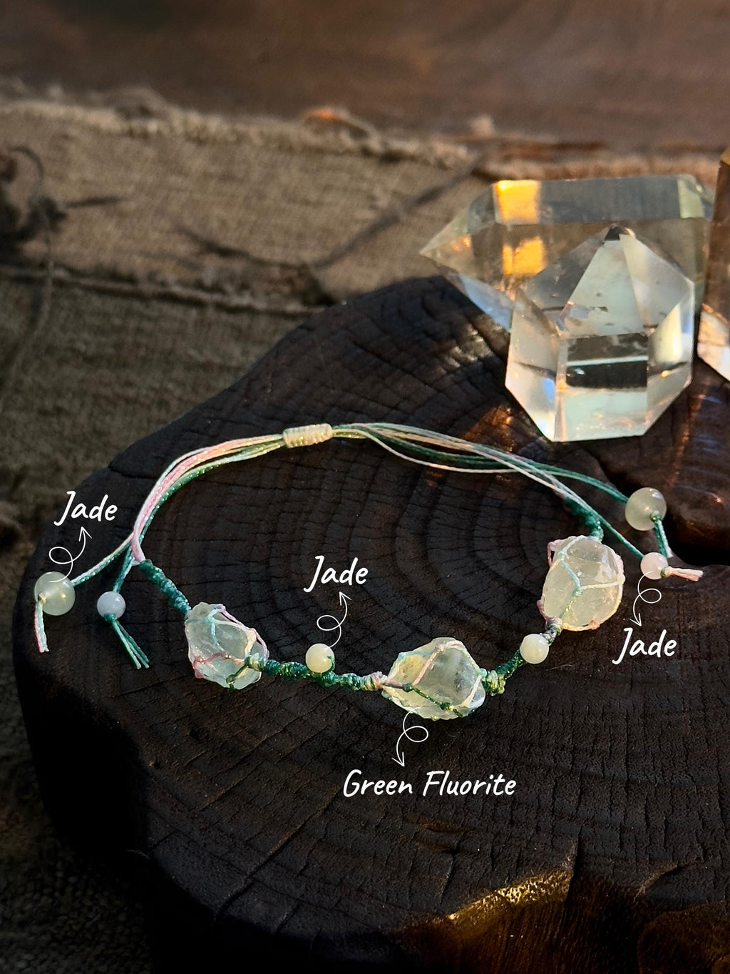 Natural raw green fluorite stones with jade bead bracelet