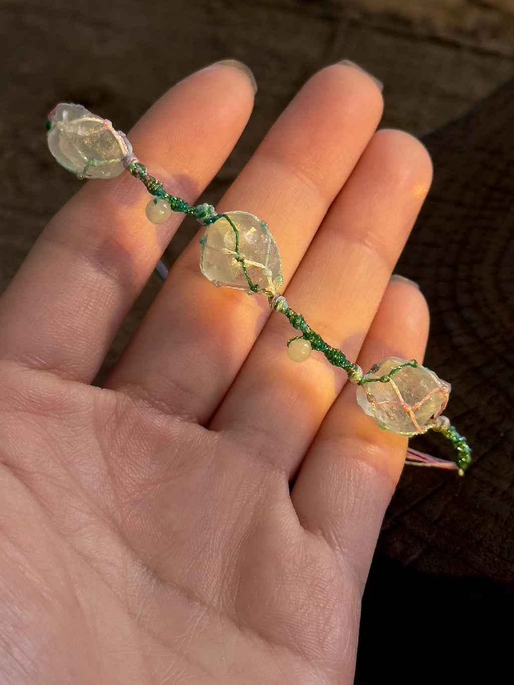 Hand knotted green fluorite bracelet detail