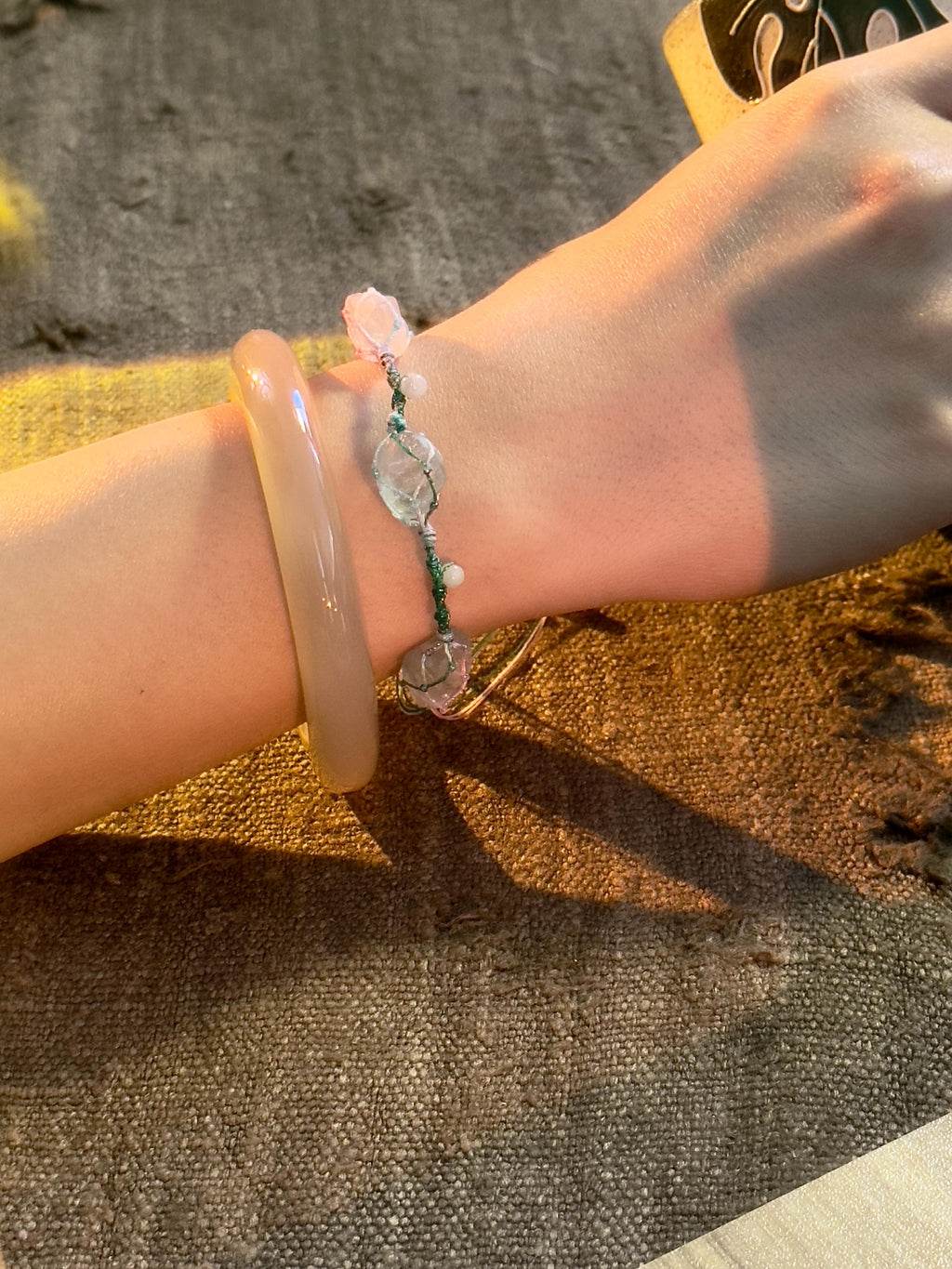 Green fluorite raw stone bracelet with handwoven knotting
