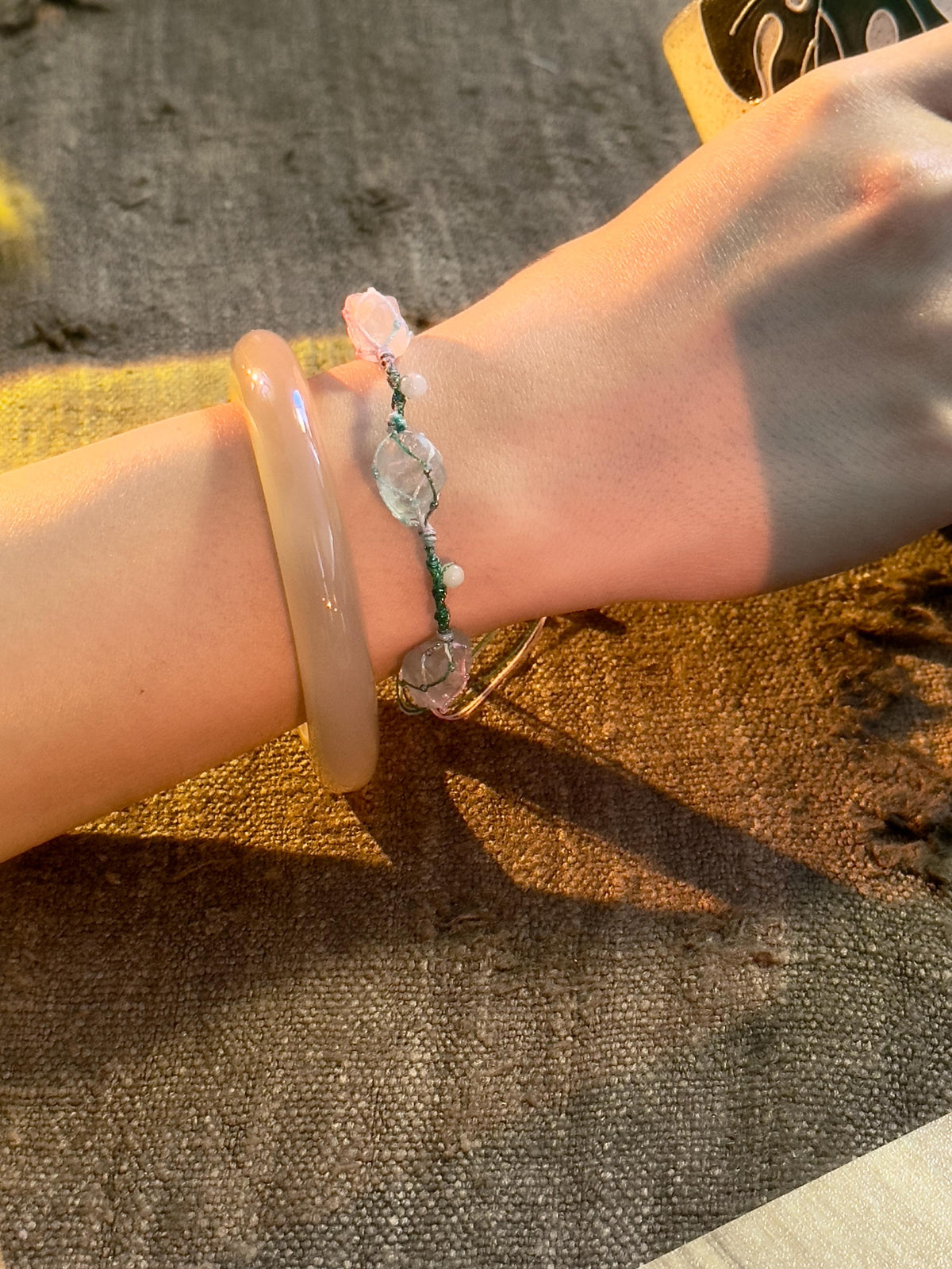 Green fluorite raw stone bracelet with handwoven knotting