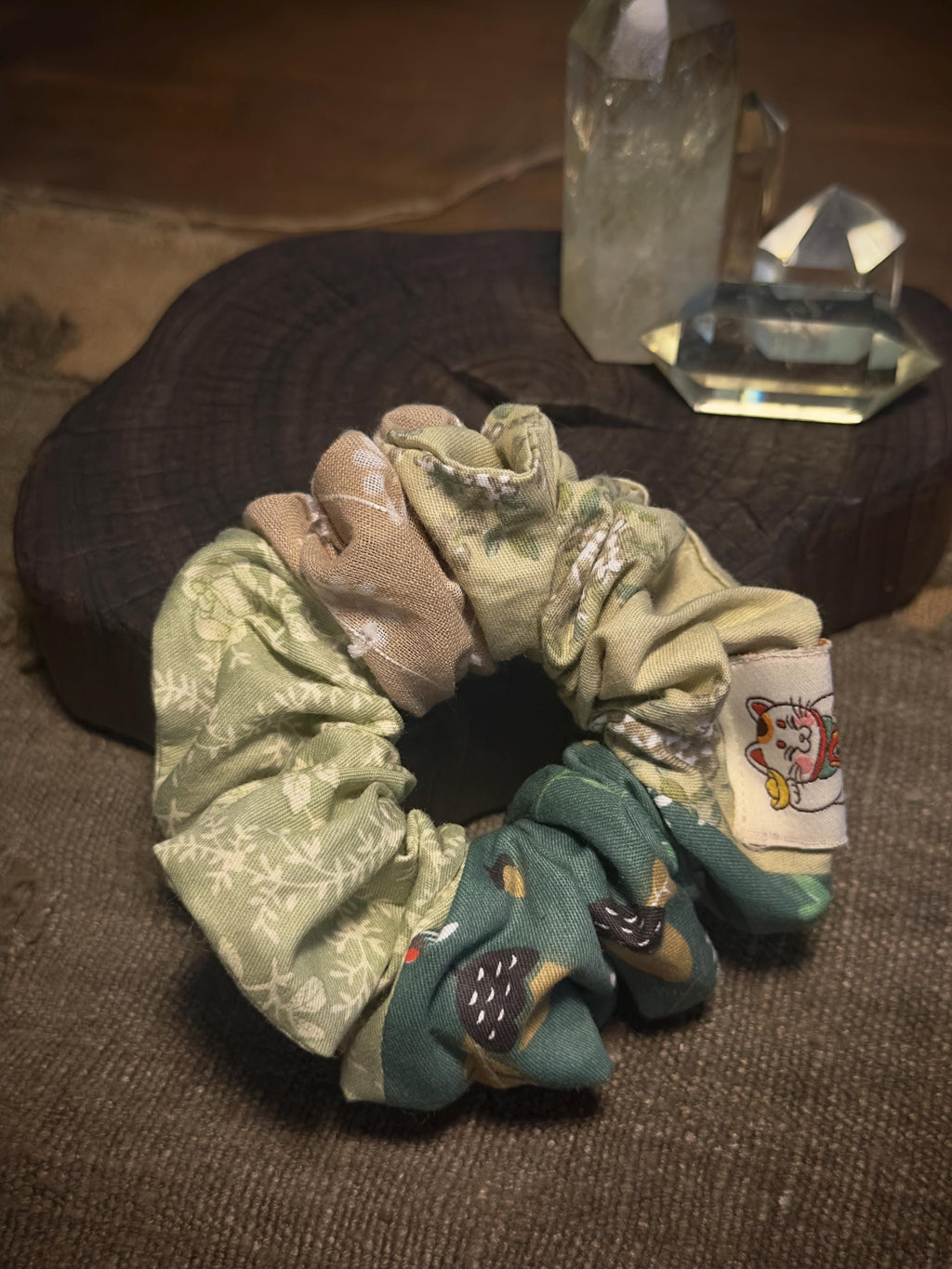 Sage and forest green patchwork scrunchie detail