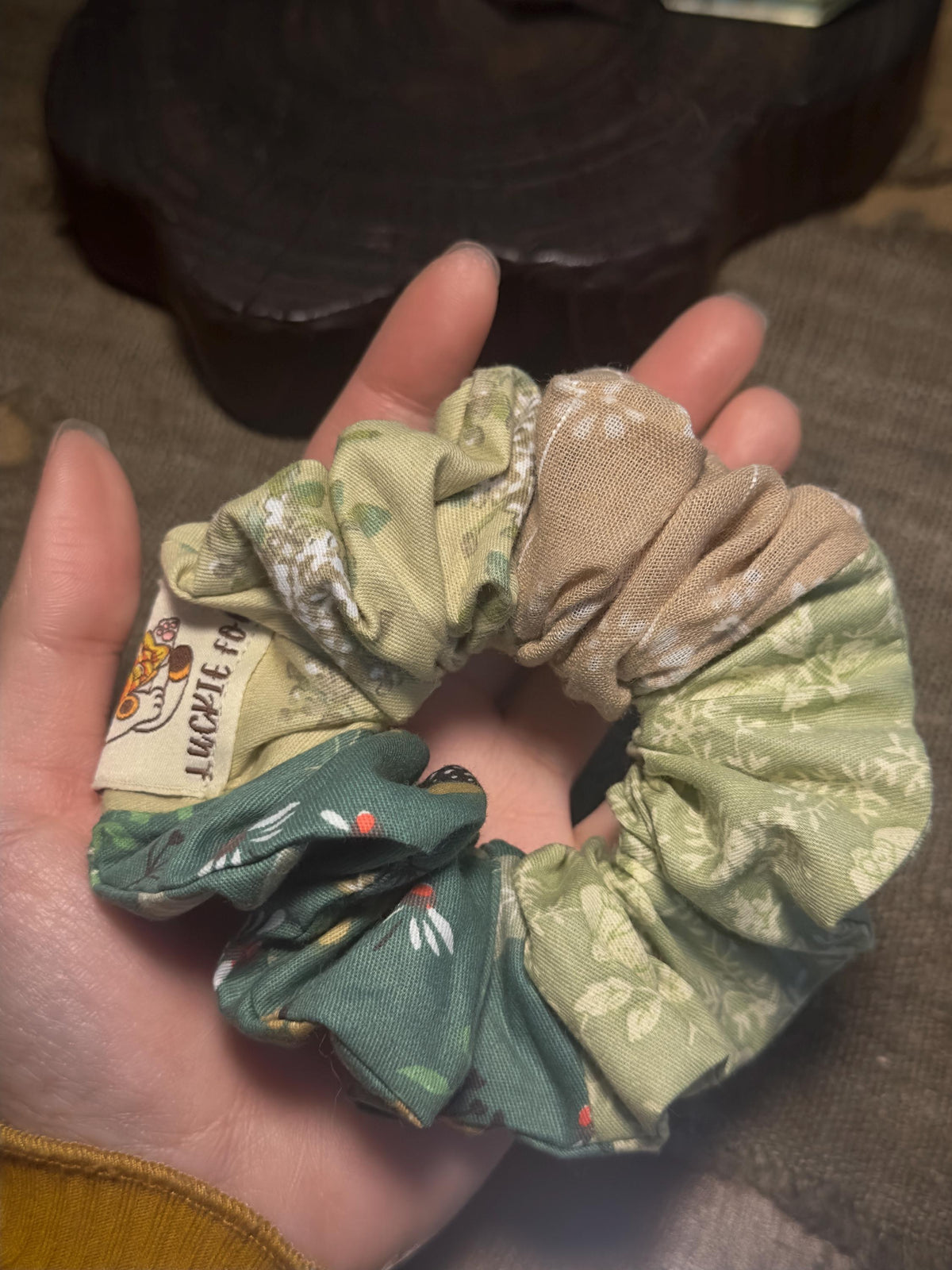 Woodland green floral patchwork scrunchie