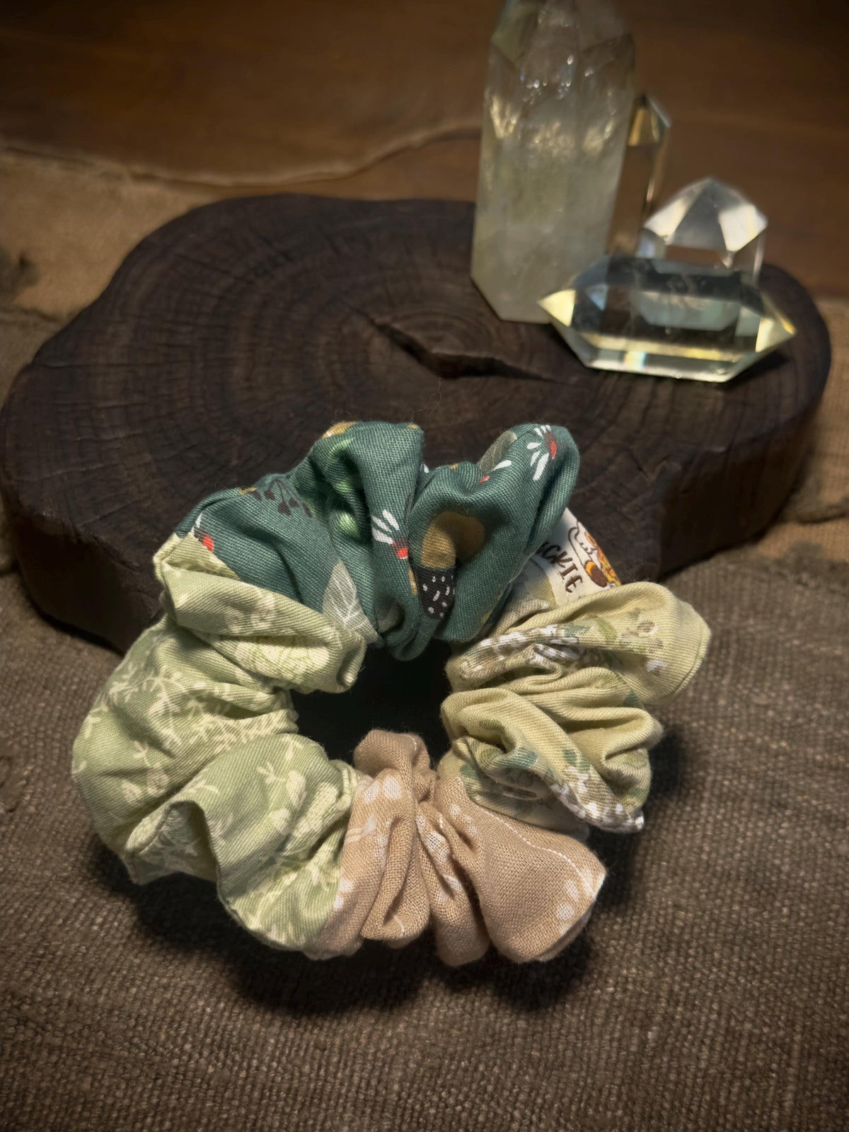 Handmade green botanical cotton scrunchie by Luckie Foo