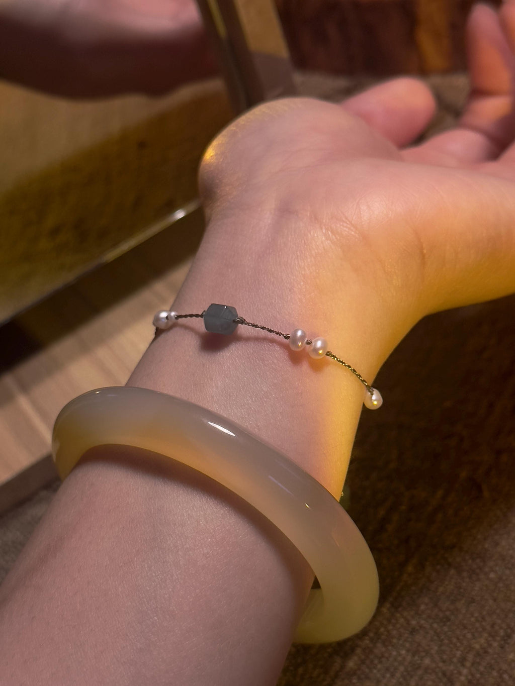 Freshwater Pearl and Hexagon Jade Bracelet