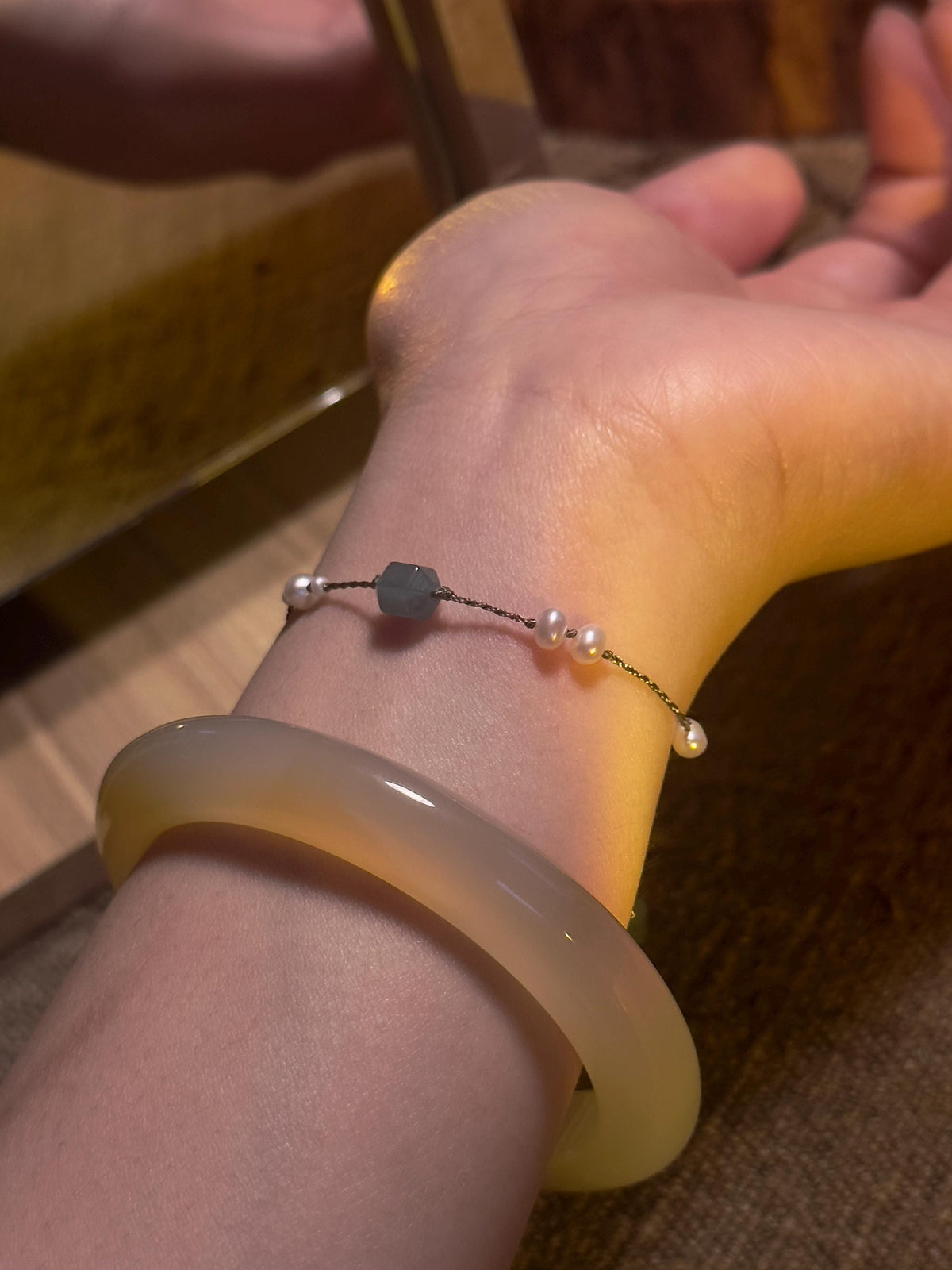 Freshwater Pearl and Hexagon Jade Bracelet