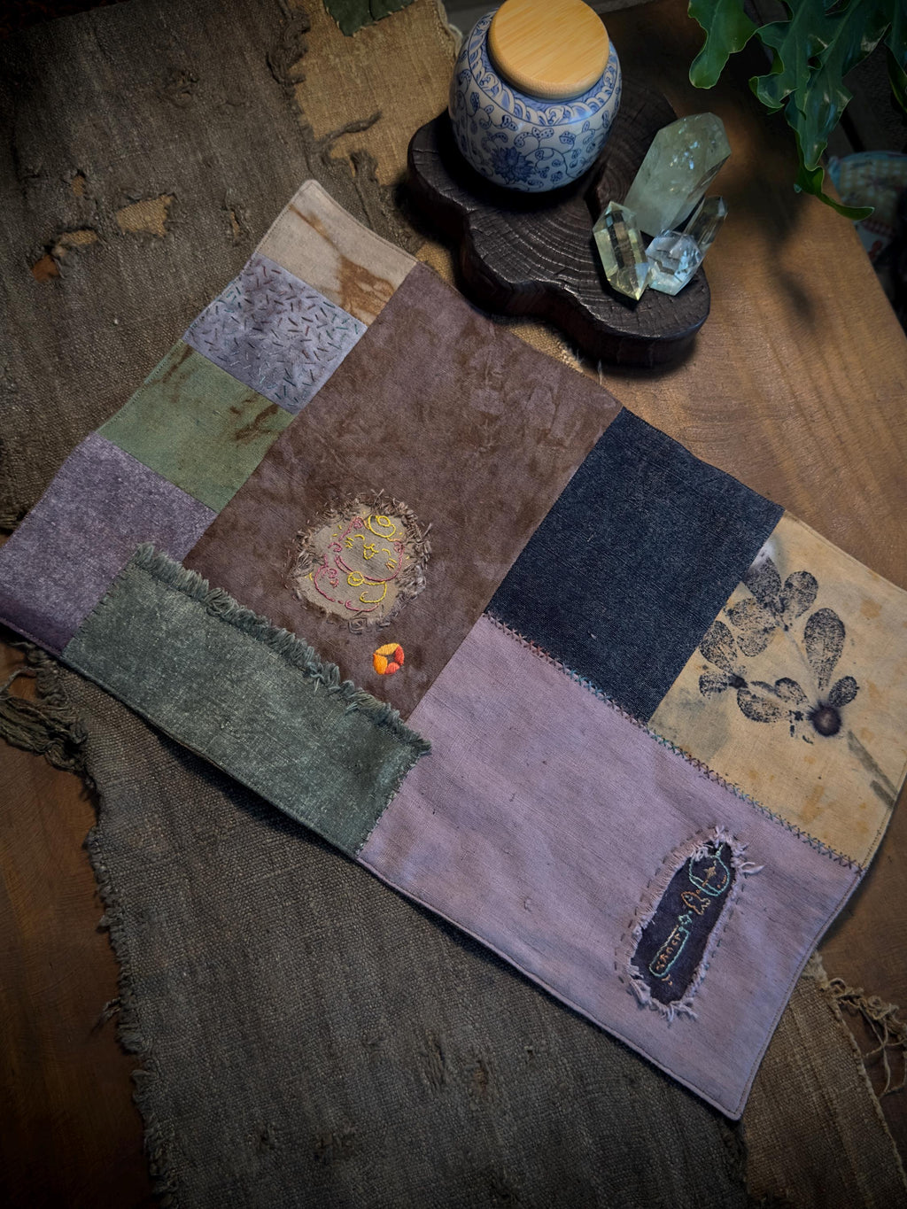 Plant-Dyed Hidden Cat Patchwork Tea Mat – full view