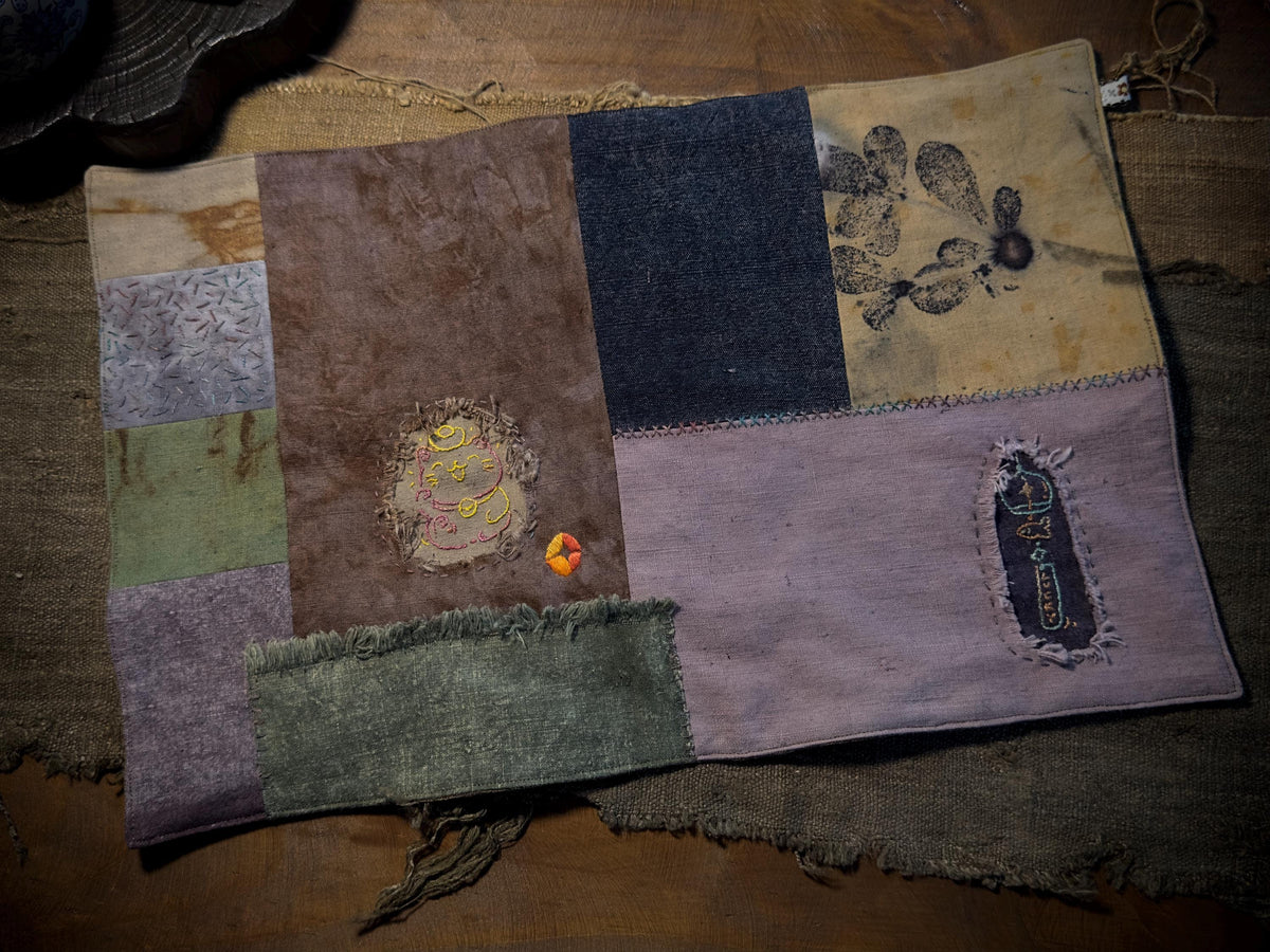 Plant-Dyed Hidden Cat Patchwork Tea Mat – detail 2