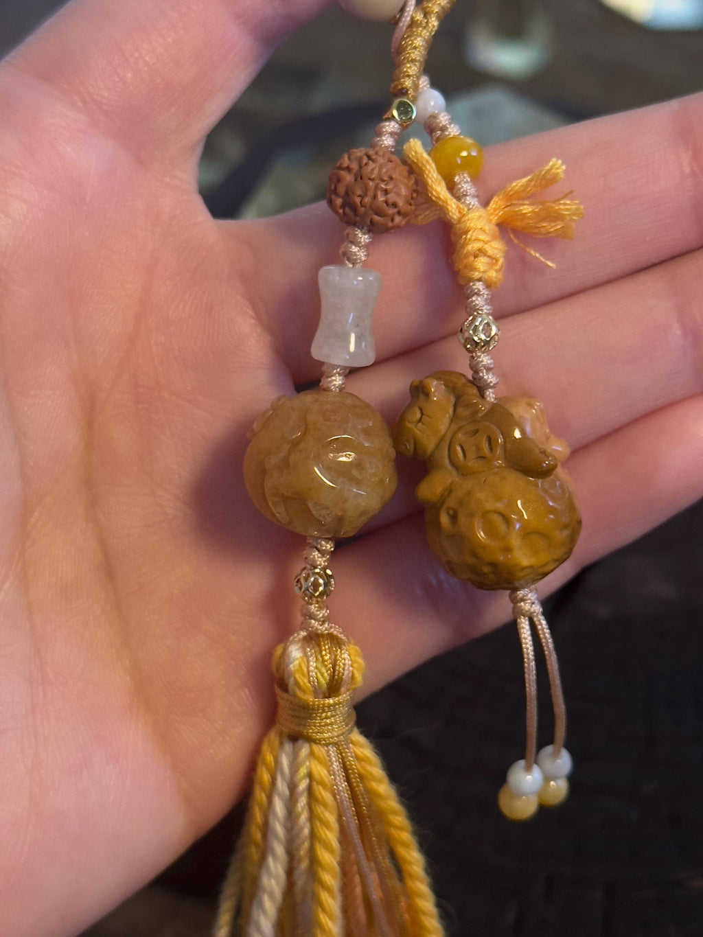 Golden Lucky Money Horse Alashan agate and jade handwoven bag charm – detail 3