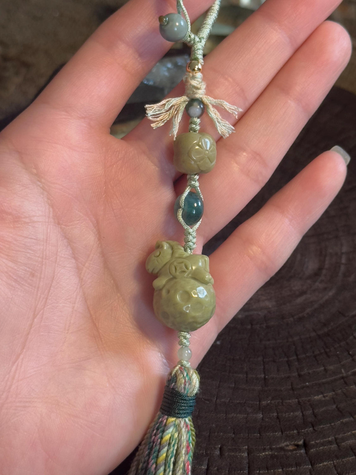 Green Lucky Money Horse Alashan agate and jade handwoven bag charm – detail 3