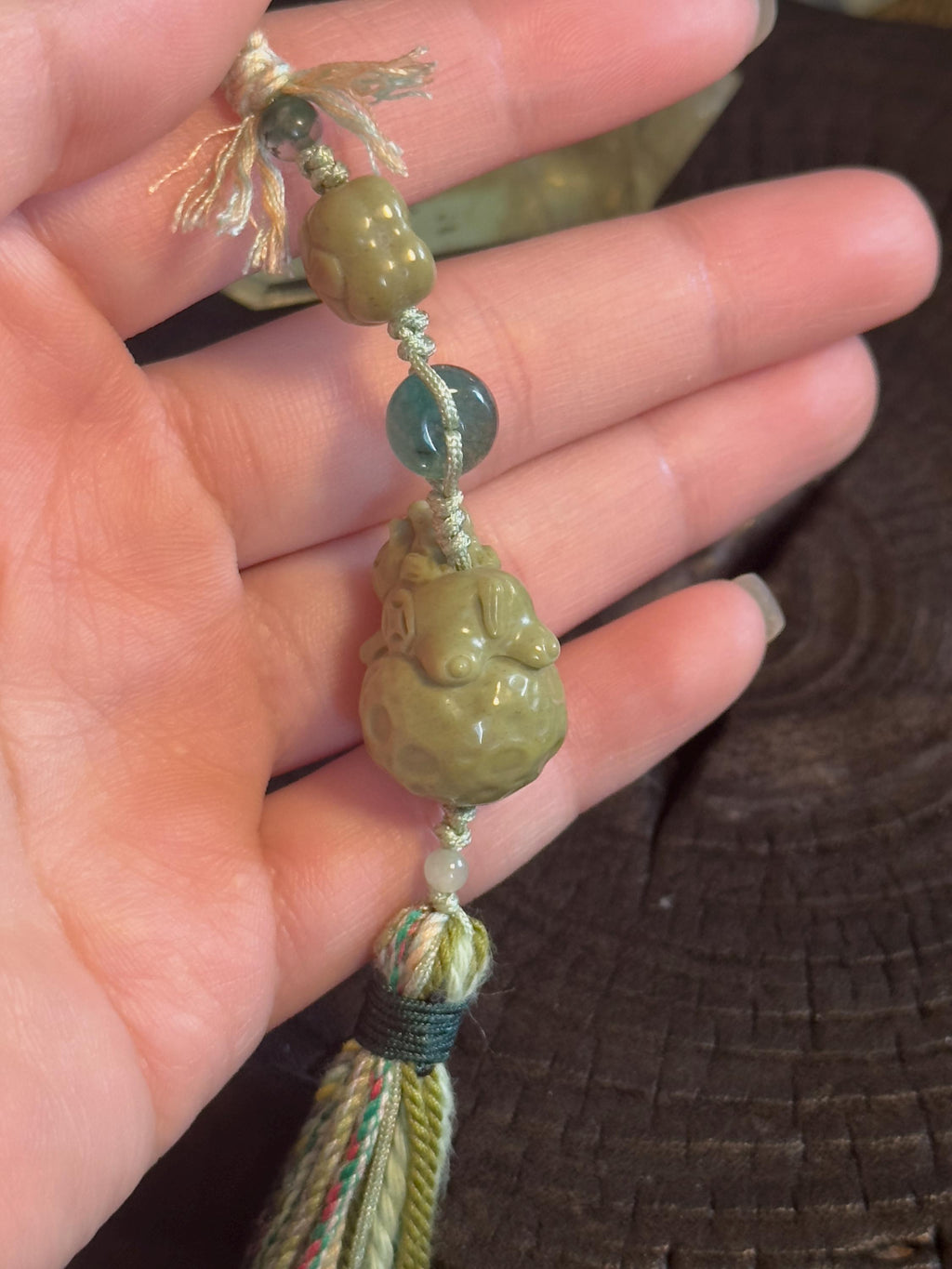 Green Lucky Money Horse Alashan agate and jade handwoven bag charm – detail 5