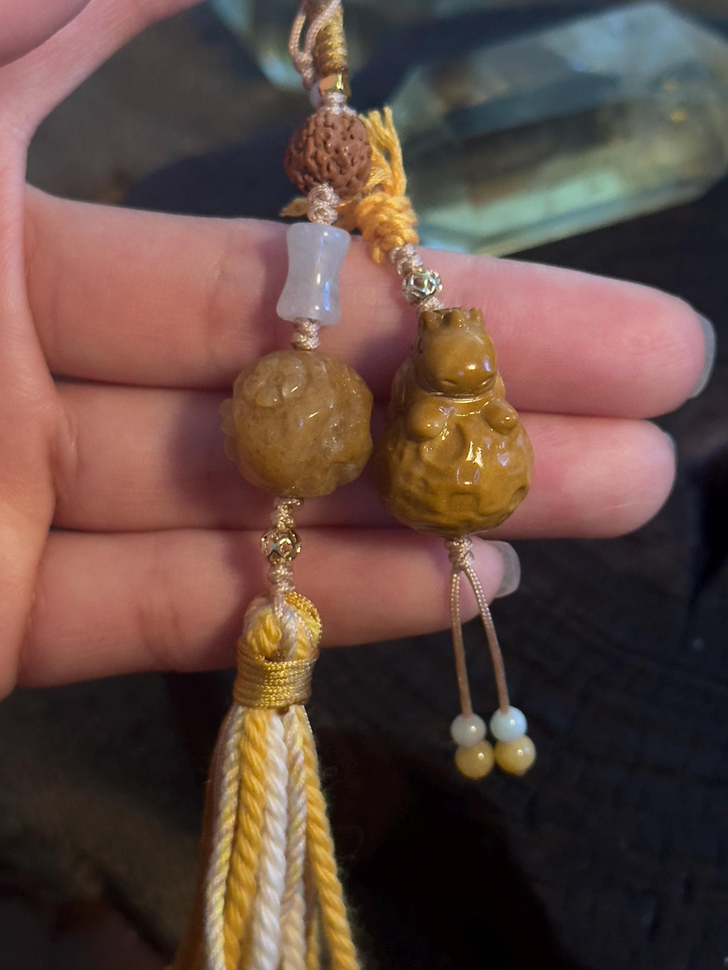 Golden Lucky Money Horse Alashan agate and jade handwoven bag charm – detail 4