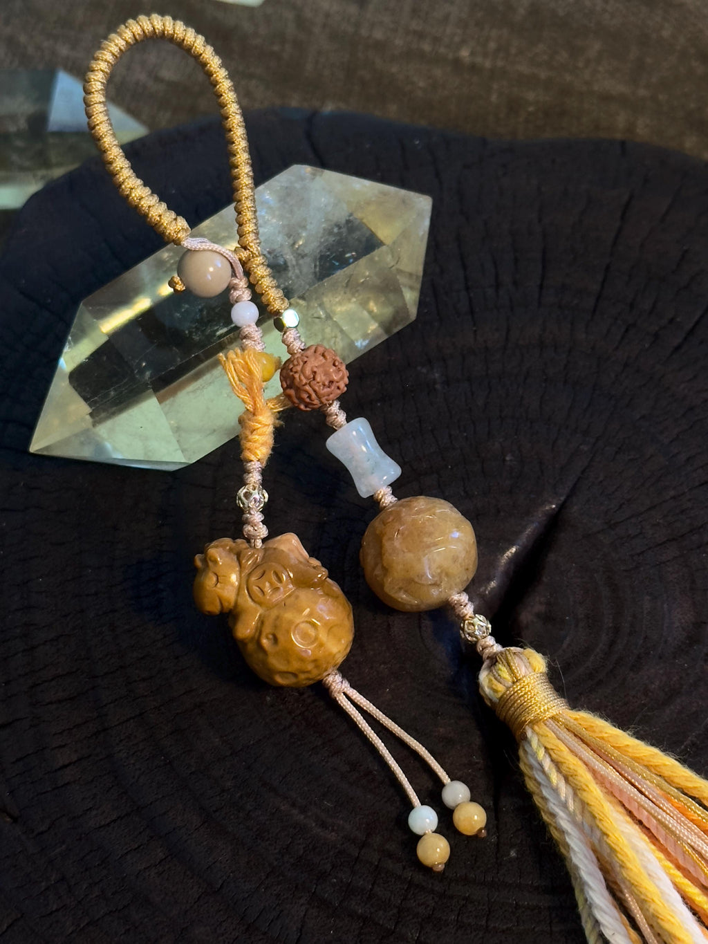 Golden Lucky Money Horse Alashan agate and jade handwoven bag charm – detail 2