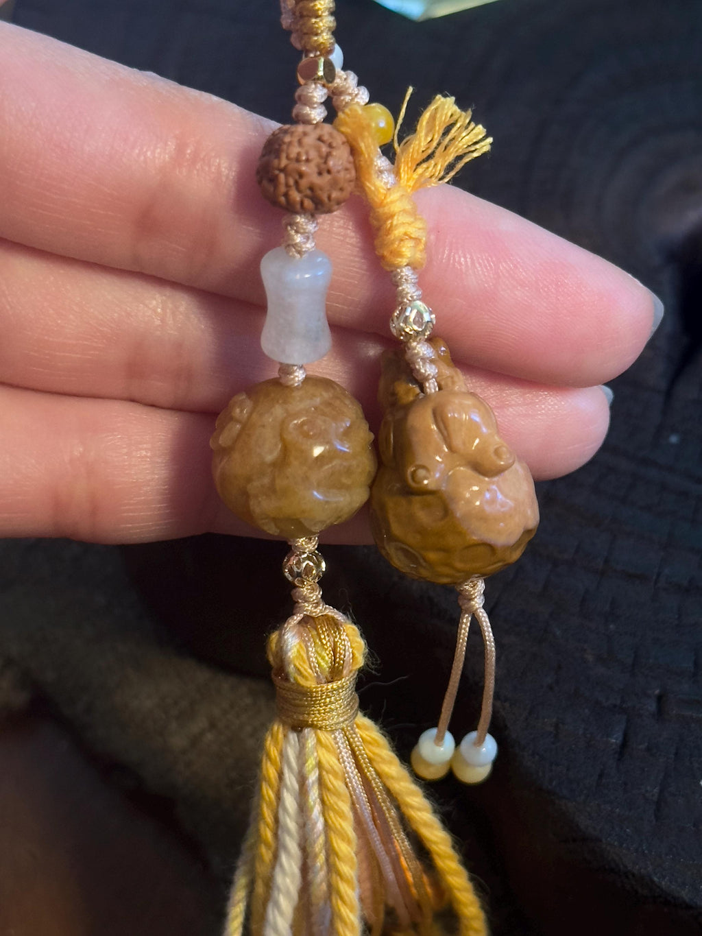 Golden Lucky Money Horse Alashan agate and jade handwoven bag charm – detail 5