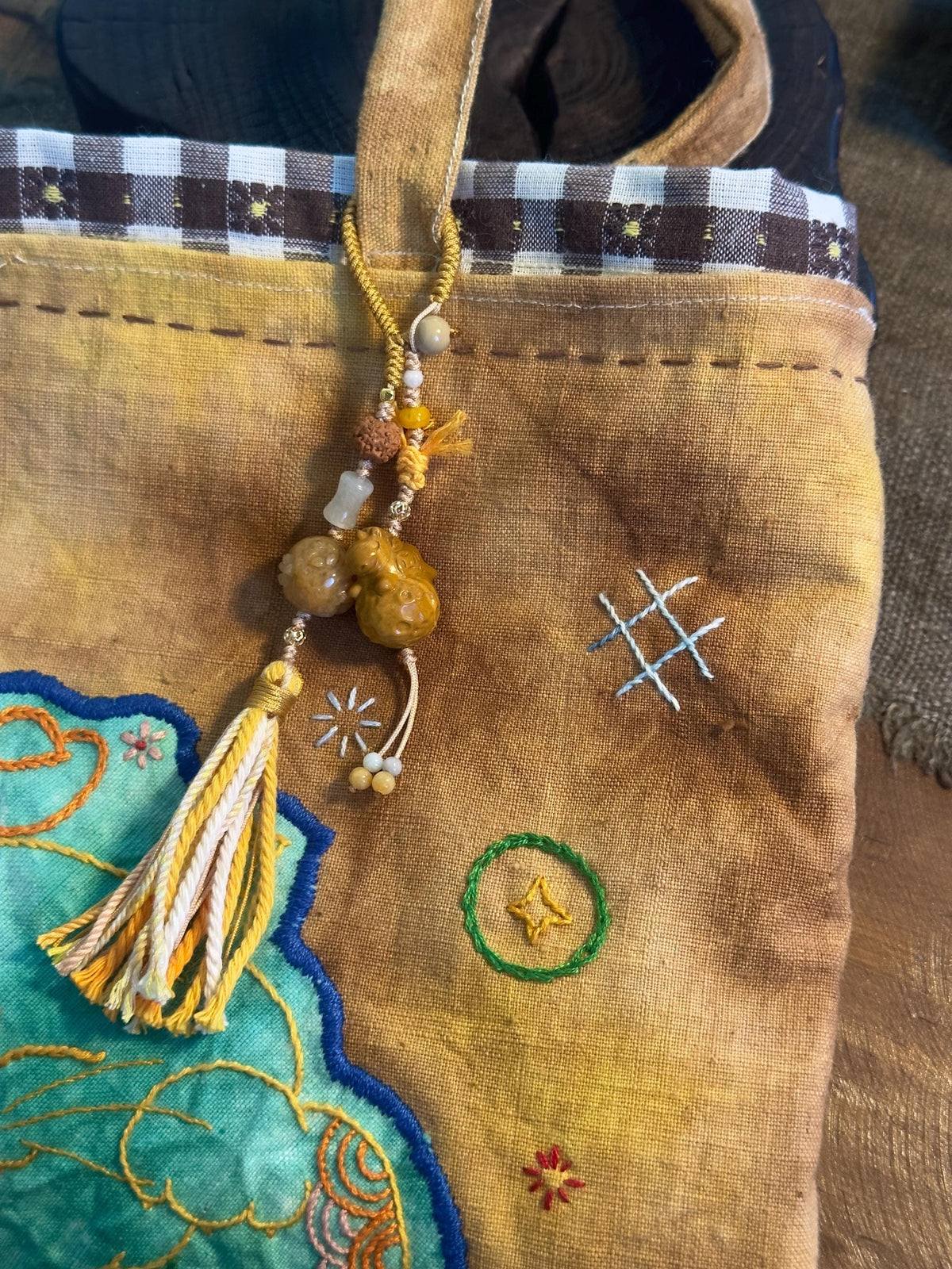Golden Lucky Money Horse Alashan agate and jade handwoven bag charm – detail 6