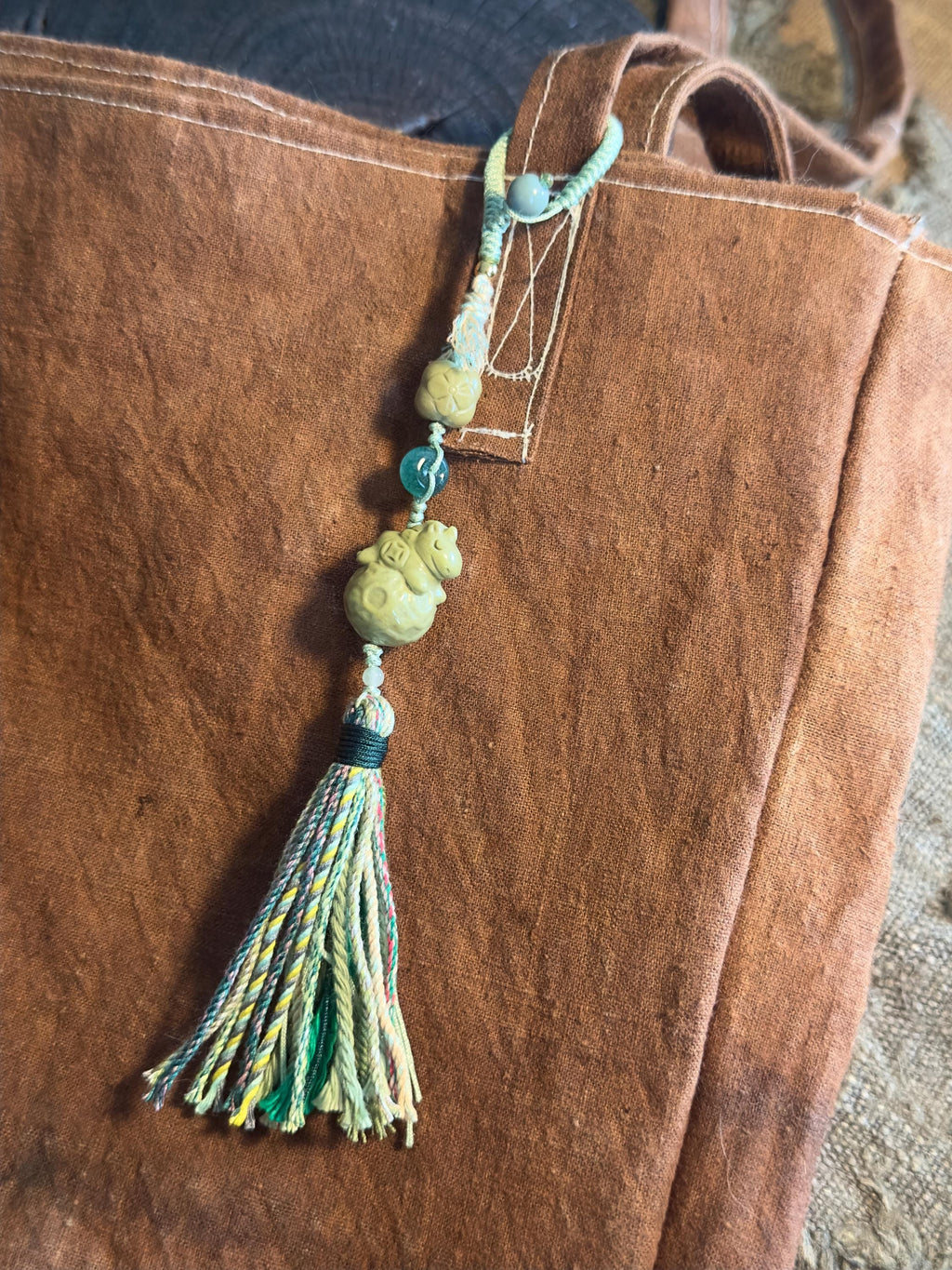 Green Lucky Money Horse Alashan agate and jade handwoven bag charm – detail 7