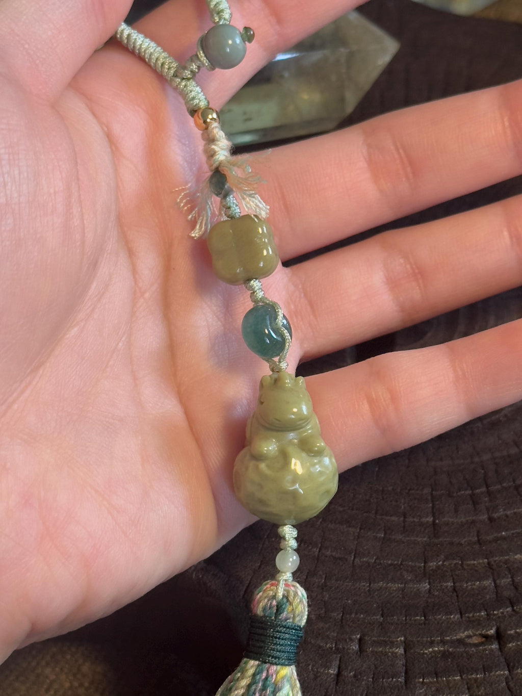 Green Lucky Money Horse Alashan agate and jade handwoven bag charm – detail 4