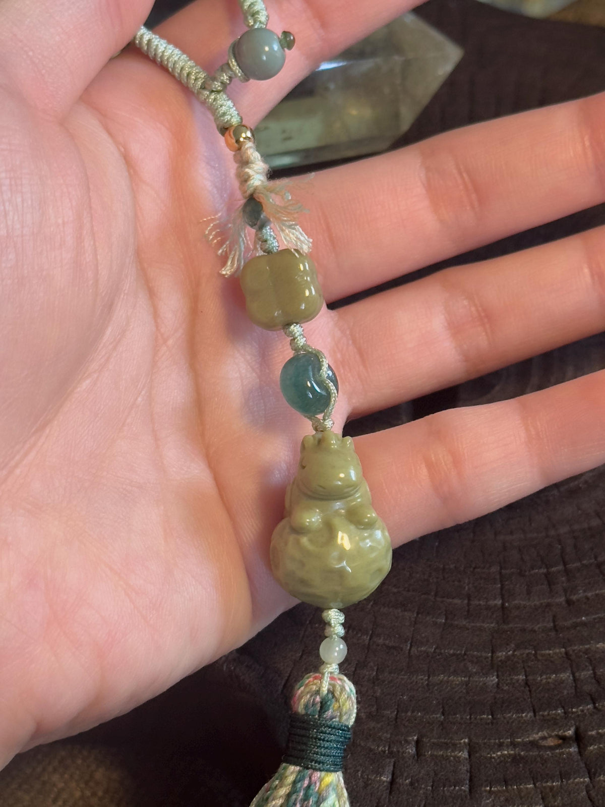Green Lucky Money Horse Alashan agate and jade handwoven bag charm – detail 4