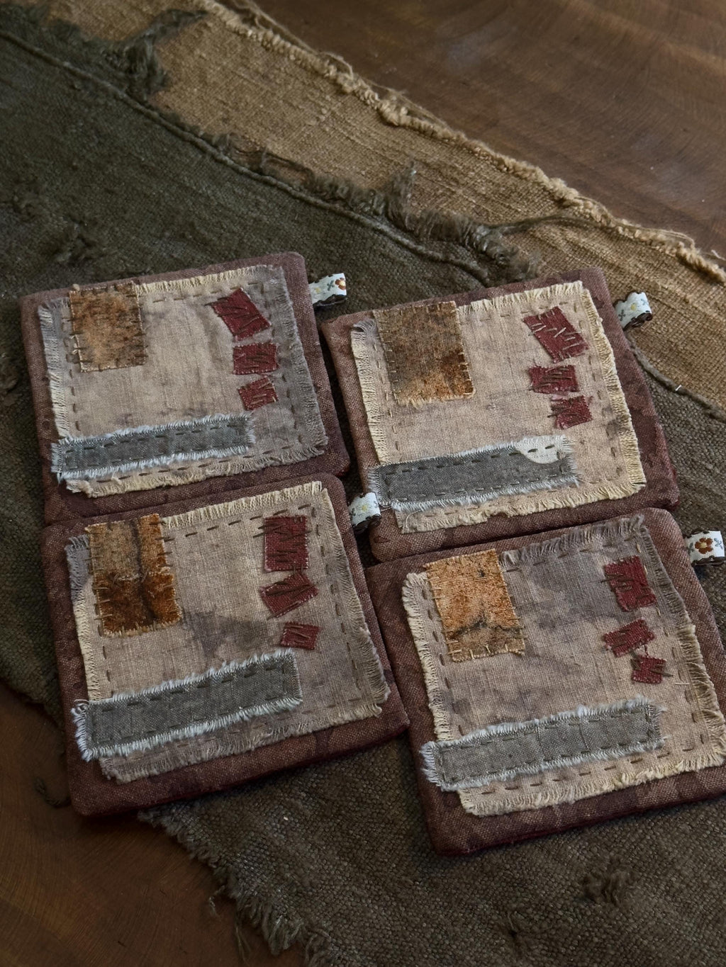 Wabi-Sabi plant-dyed patchwork coaster set with matching tea mat
