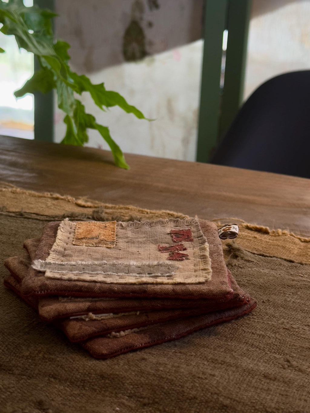 Plant-dyed cotton patchwork coasters and tea mat – detail 4