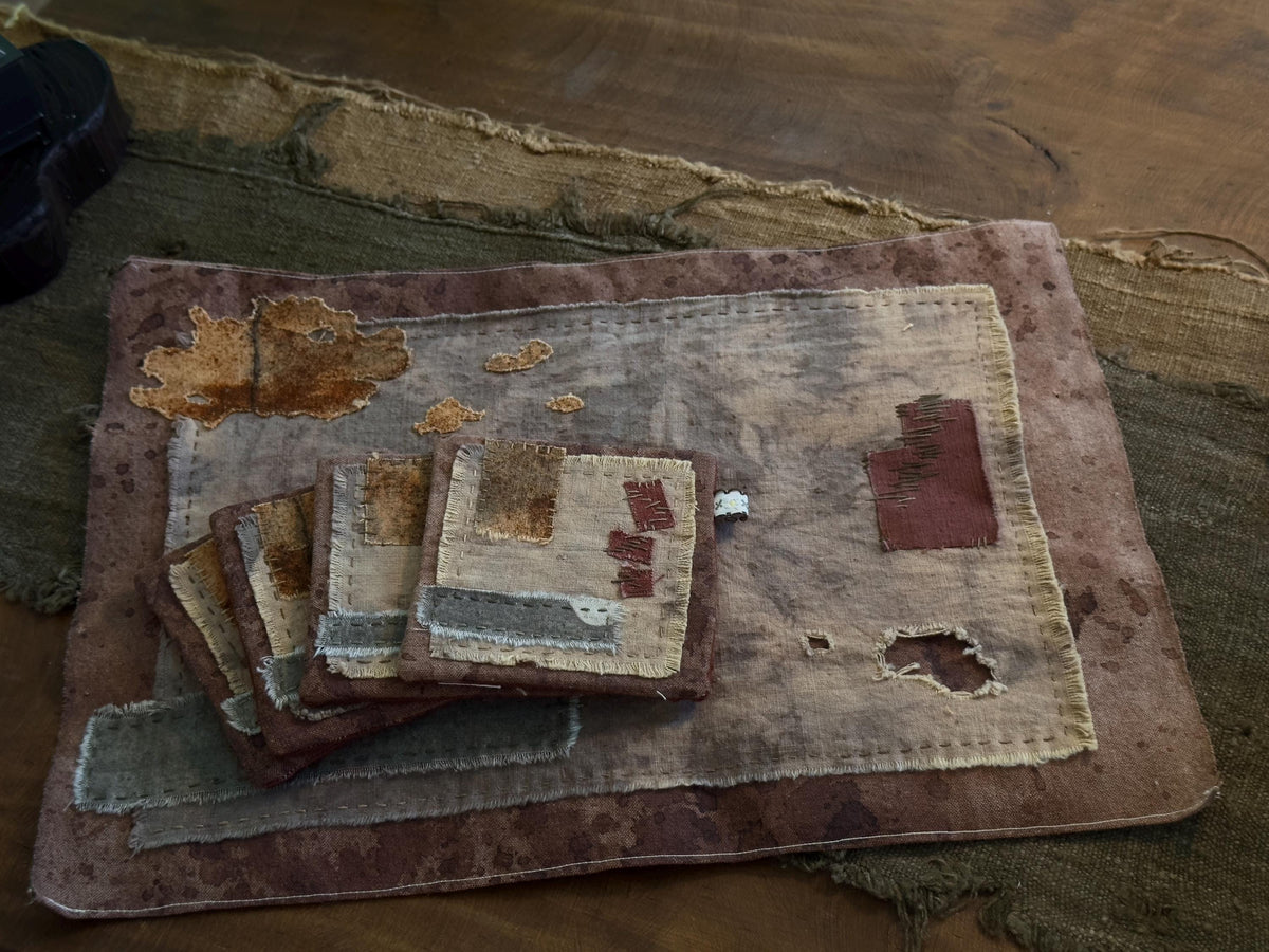 Plant-dyed cotton patchwork coasters and tea mat – detail 7