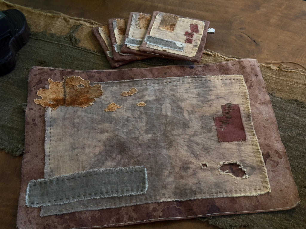 Plant-dyed cotton patchwork coasters and tea mat – detail 8