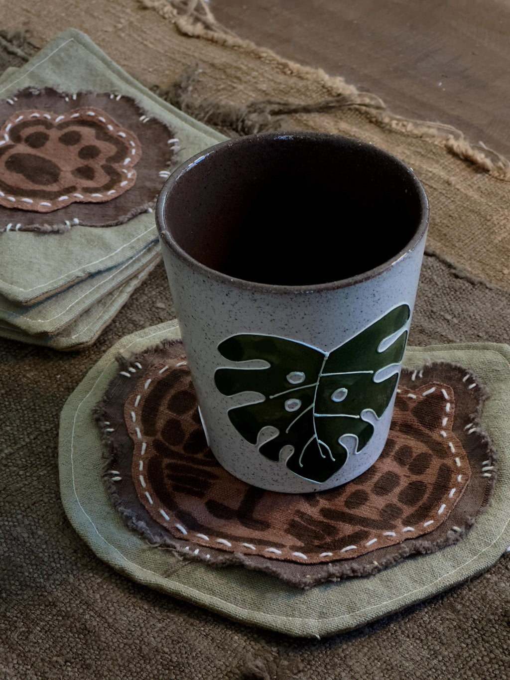 Plant-dyed cotton cat paw and botanical coaster – detail 4