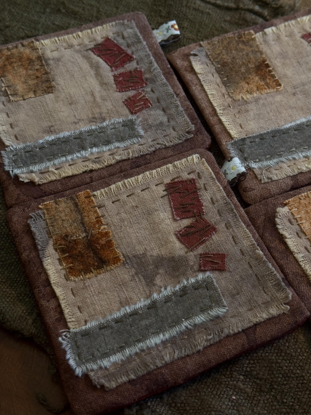 Plant-dyed cotton patchwork coasters and tea mat – detail 2