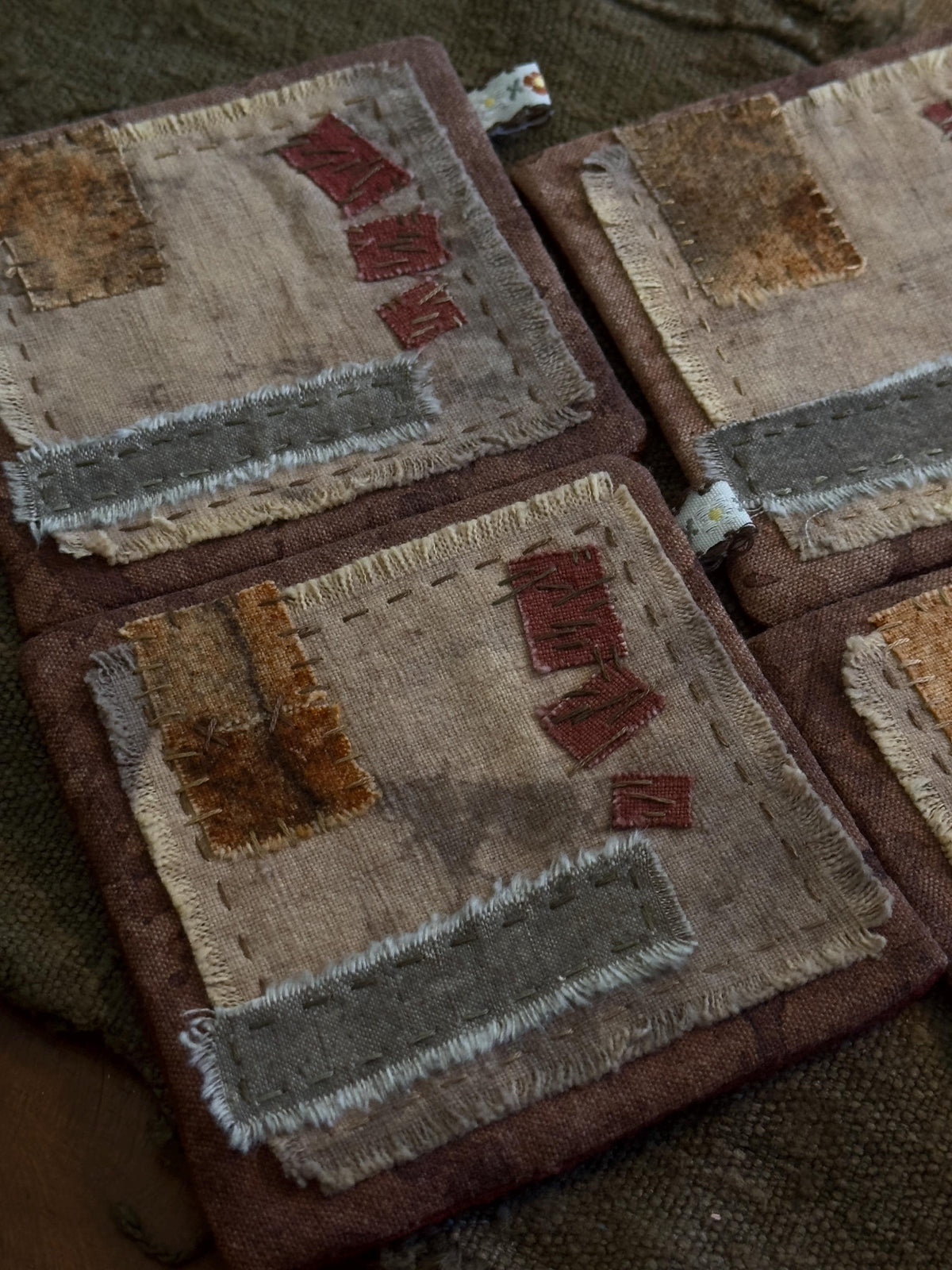 Plant-dyed cotton patchwork coasters and tea mat – detail 2