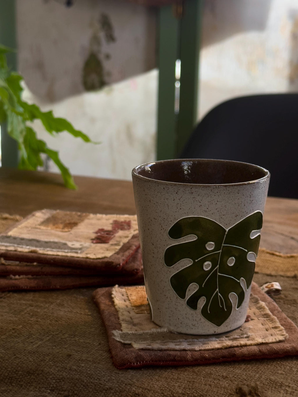 Plant-dyed cotton patchwork coasters and tea mat – detail 5