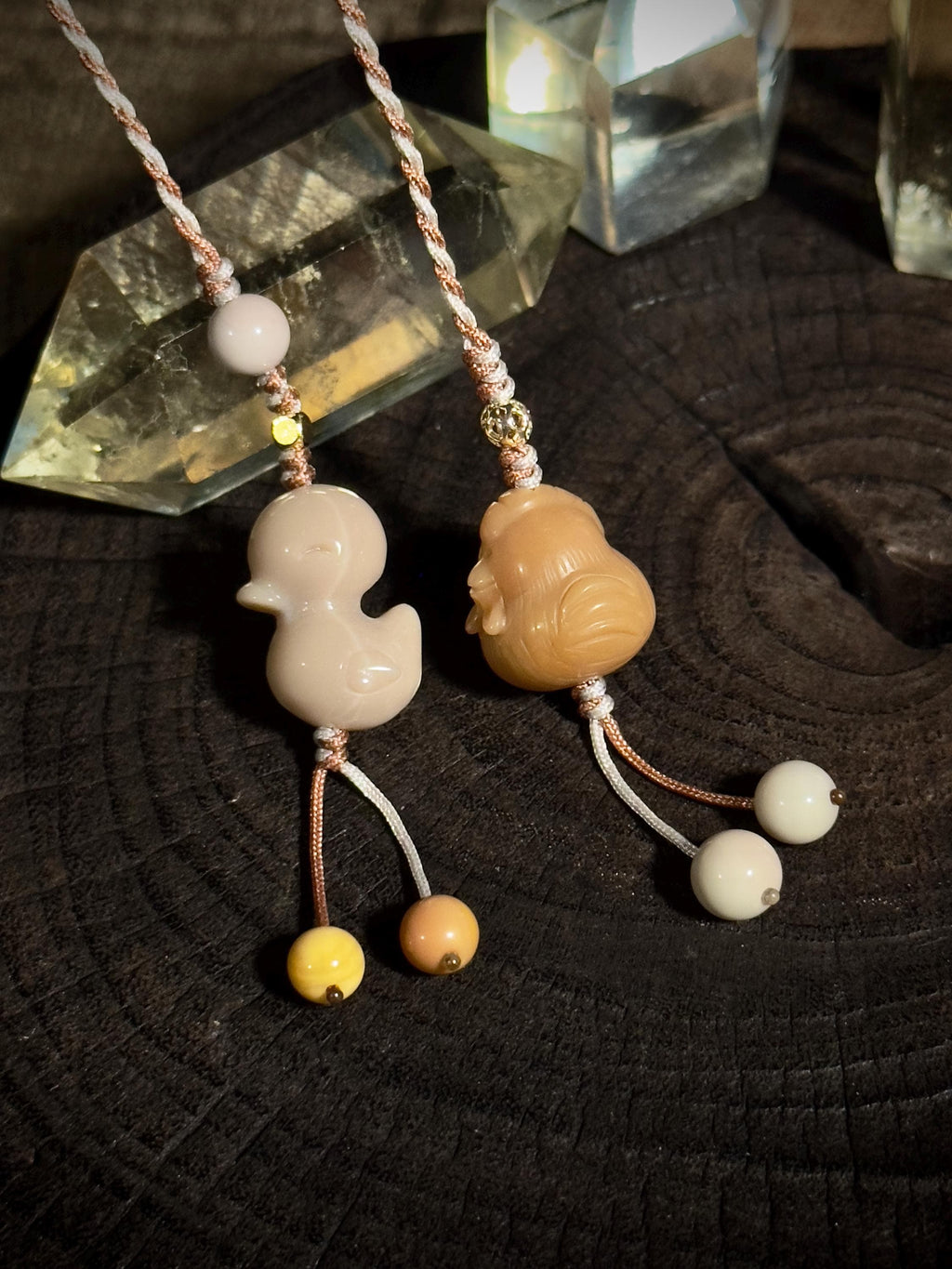 Caramel and cream Duck & Chicken natural Alashan agate handwoven bag charm