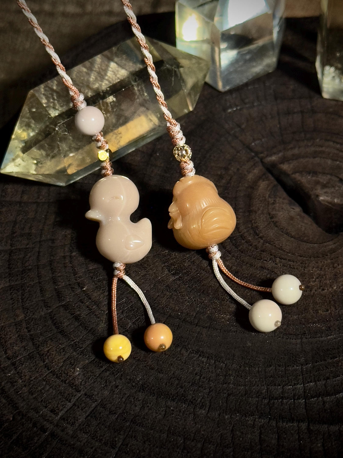 Caramel and cream Duck & Chicken natural Alashan agate handwoven bag charm