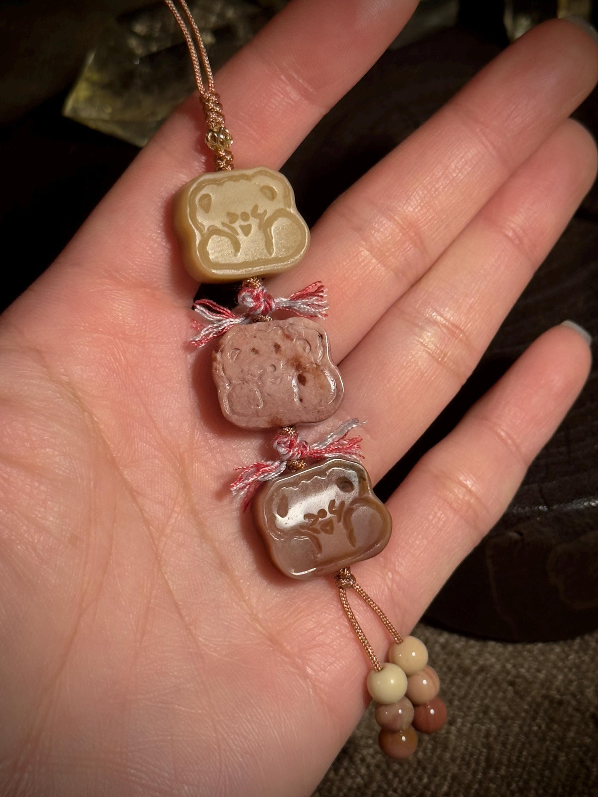 Handwoven bear cookie natural stone charm