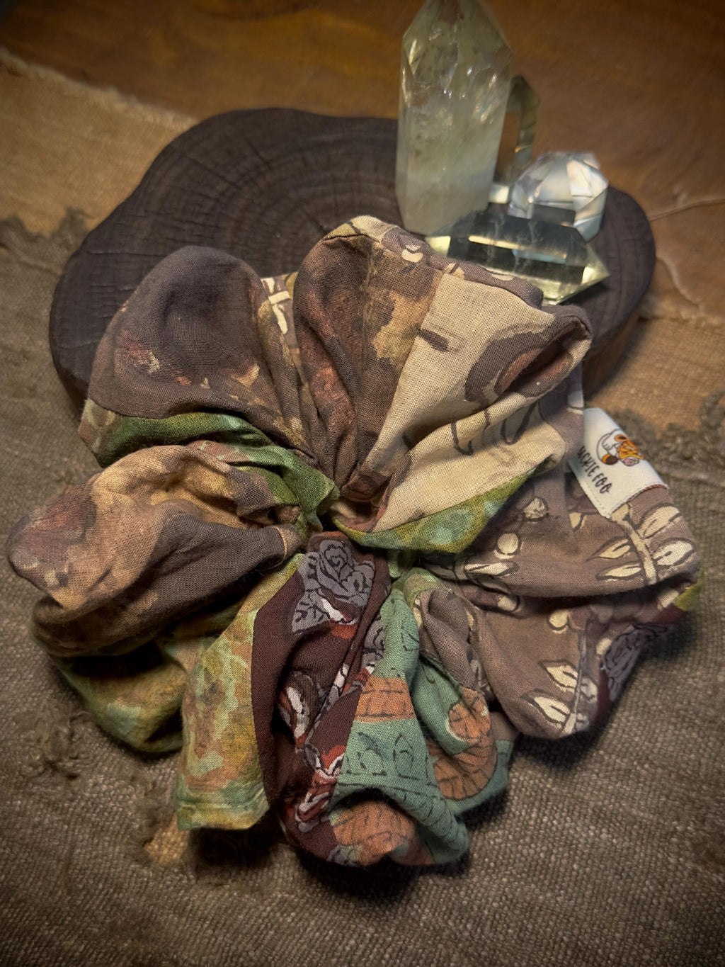 Forest green patchwork cotton scrunchie