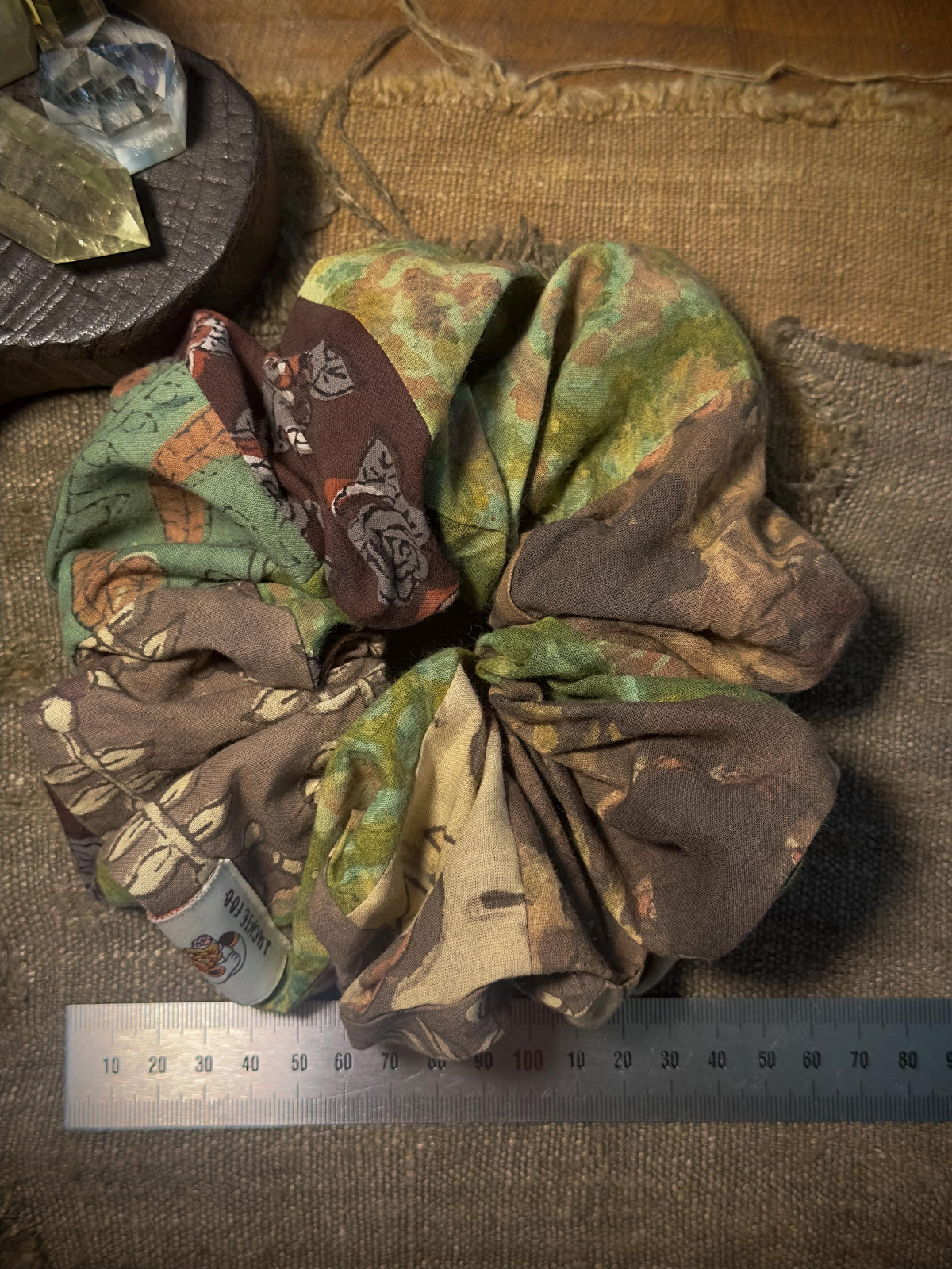 Boho patchwork forest hair tie close up