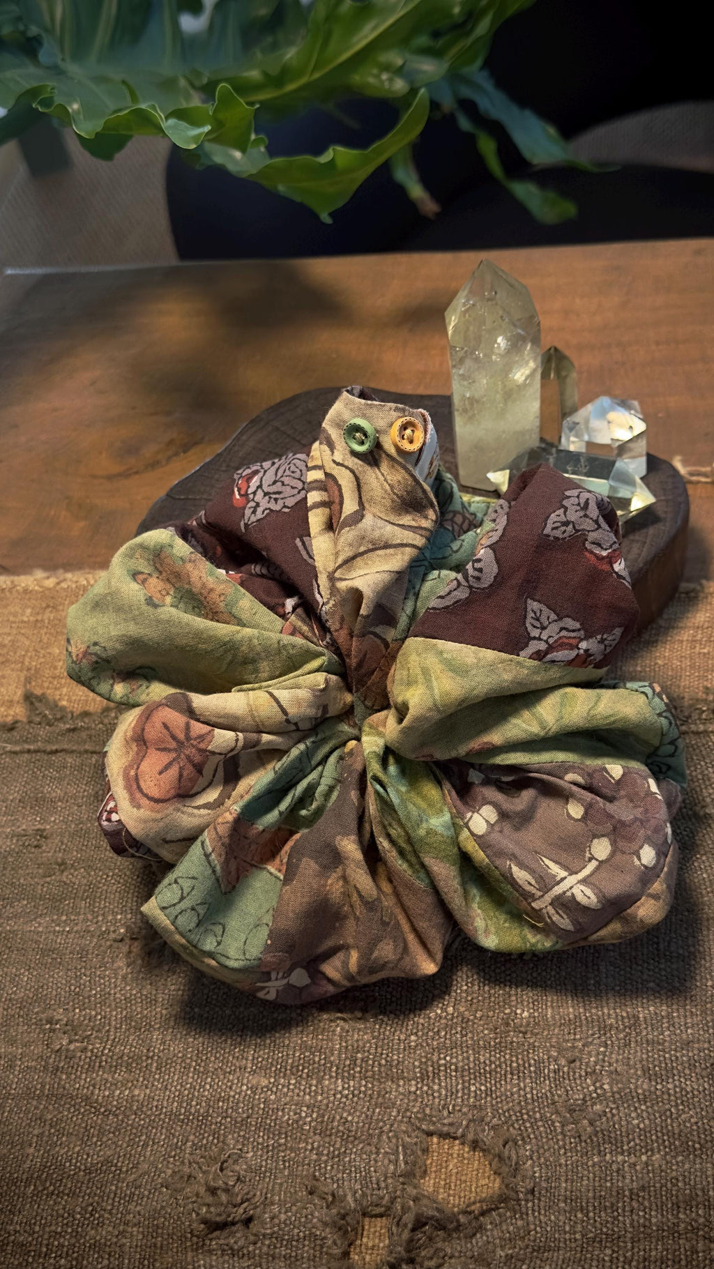 Patchwork scrunchie decorative button detail
