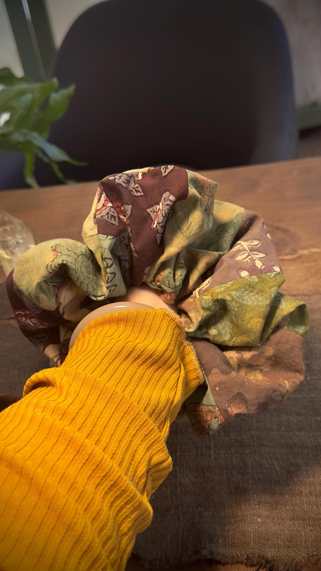 Vintage earth tone patchwork hair scrunchie