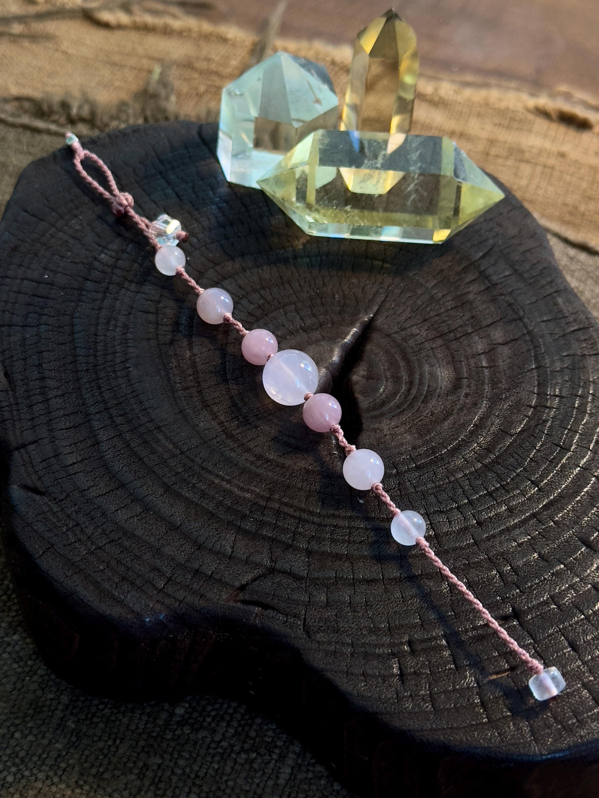 Lavender Rose Quartz and Rose Quartz adjustable handwoven crystal bracelet