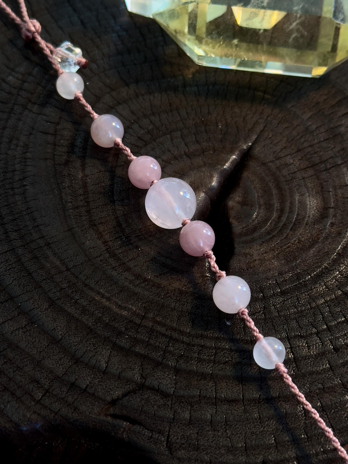 Lavender Rose Quartz and Rose Quartz adjustable handwoven crystal bracelet – detail 2