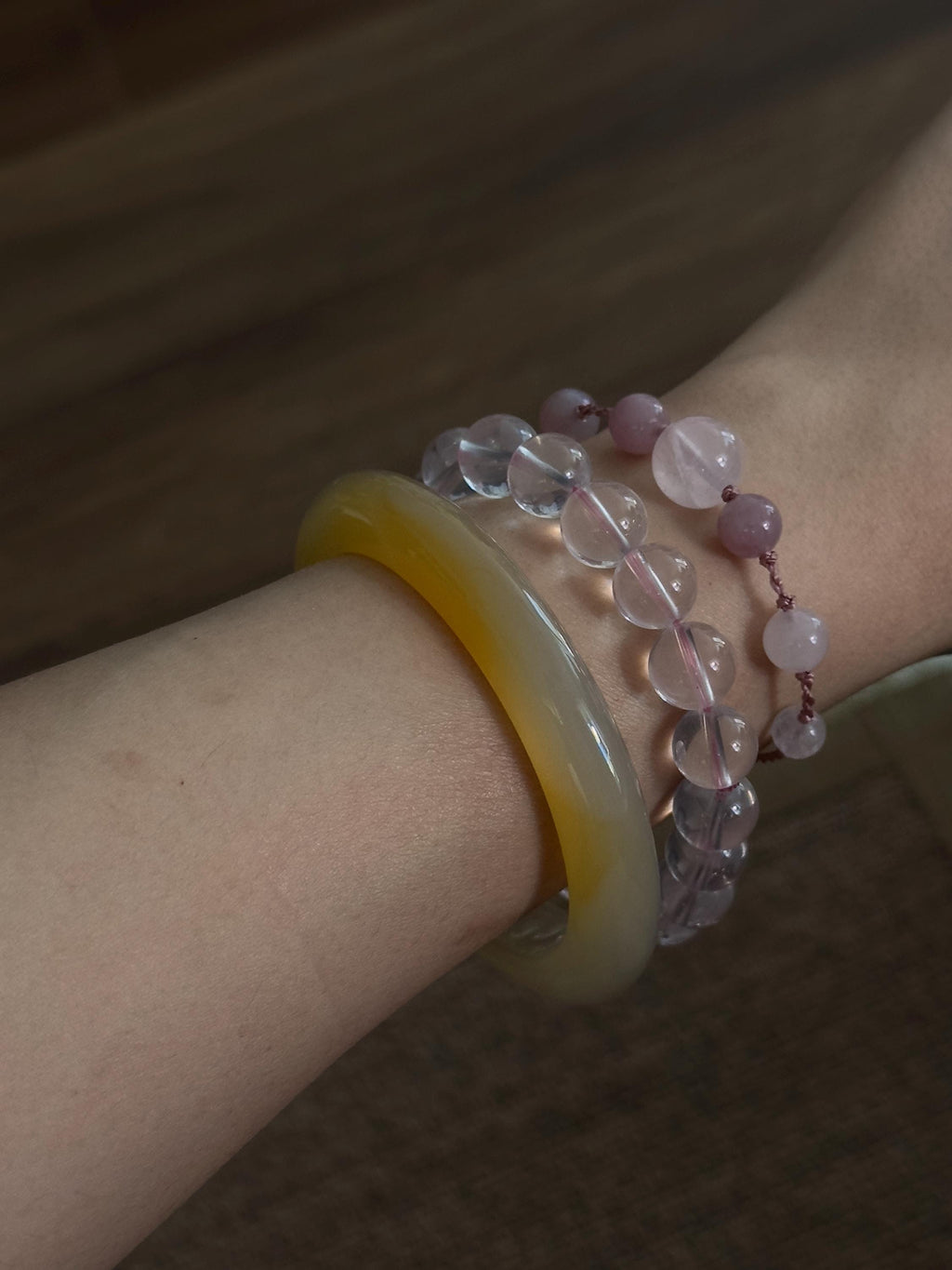 Lavender Rose Quartz and Rose Quartz adjustable handwoven crystal bracelet – detail 6