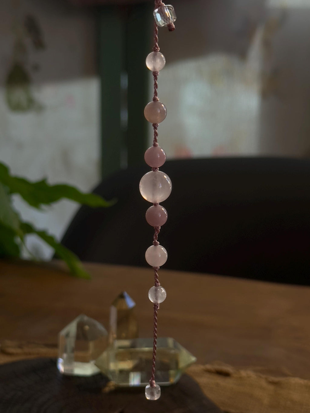 Lavender Rose Quartz and Rose Quartz adjustable handwoven crystal bracelet – detail 7