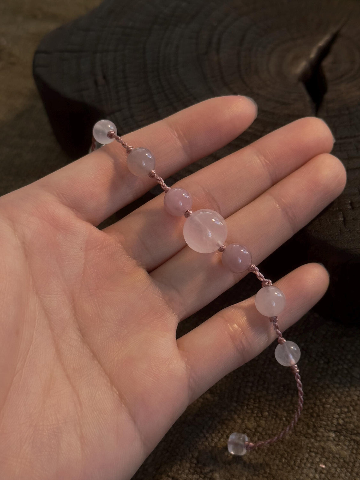 Lavender Rose Quartz and Rose Quartz adjustable handwoven crystal bracelet – detail 8