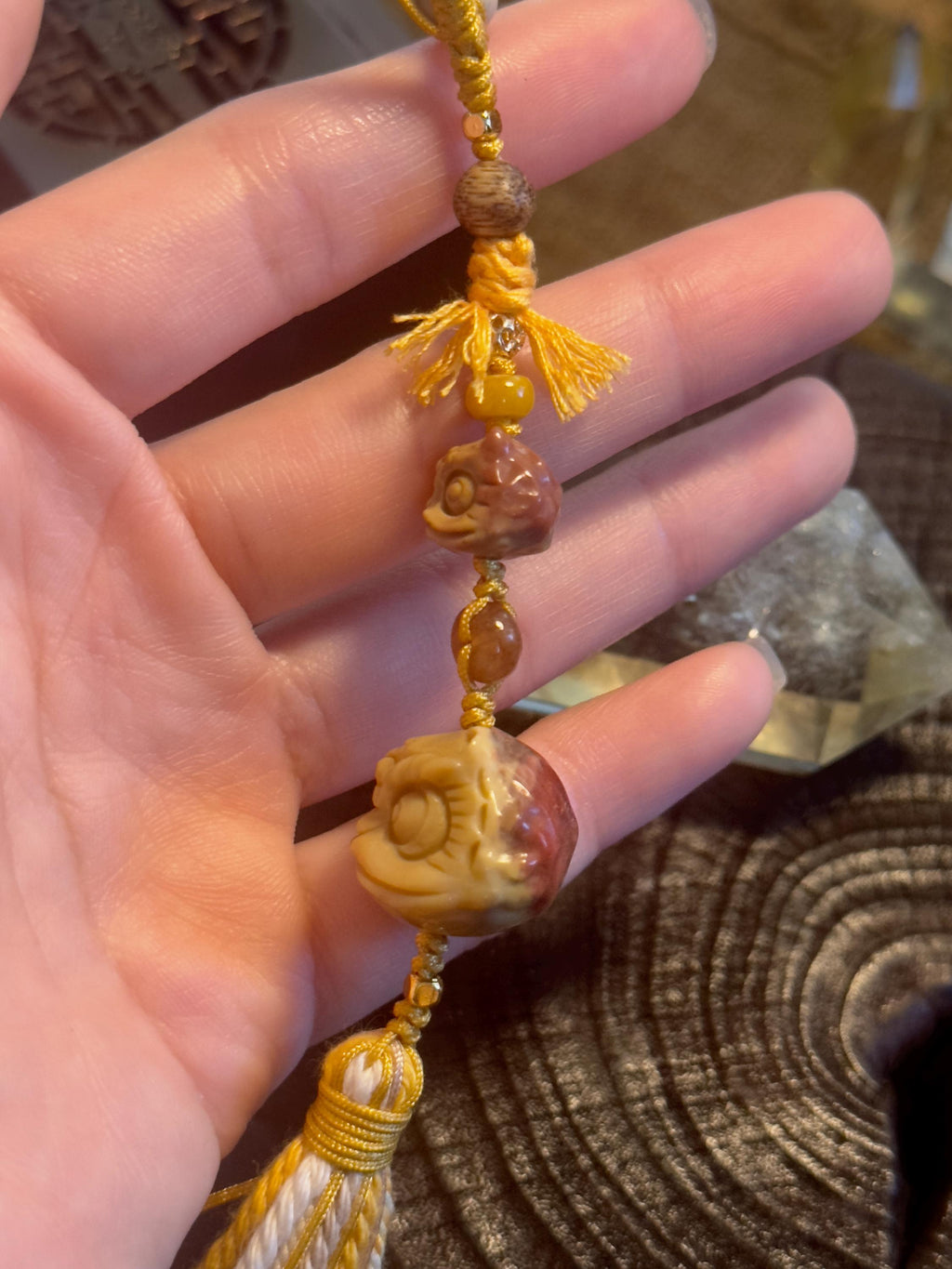 Lion dance handwoven natural Alashan agate charm detail