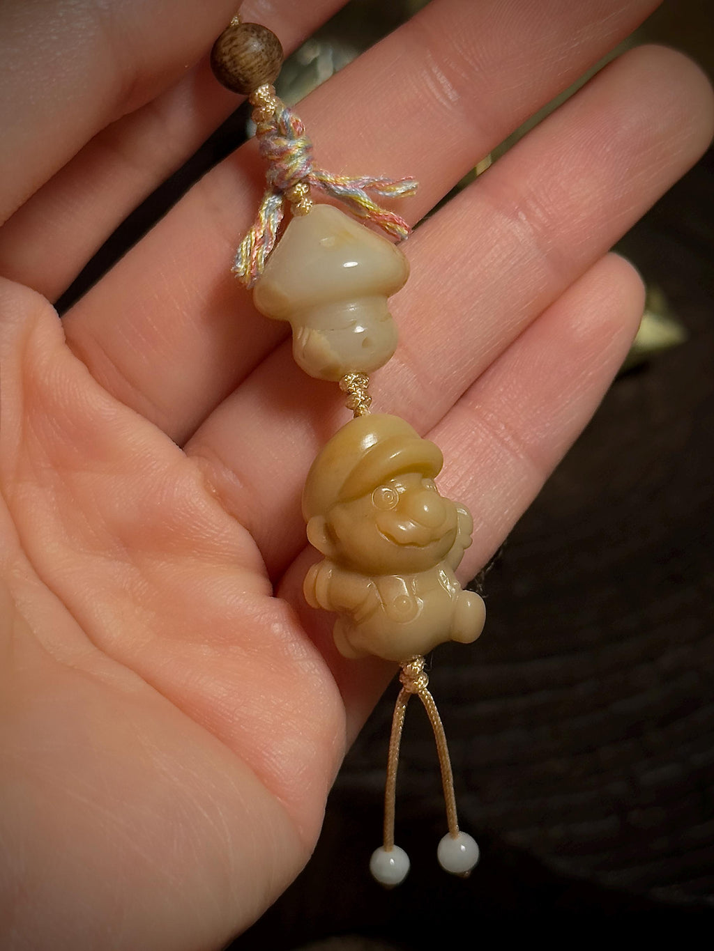 Mario and mushroom Alashan agate handwoven charm
