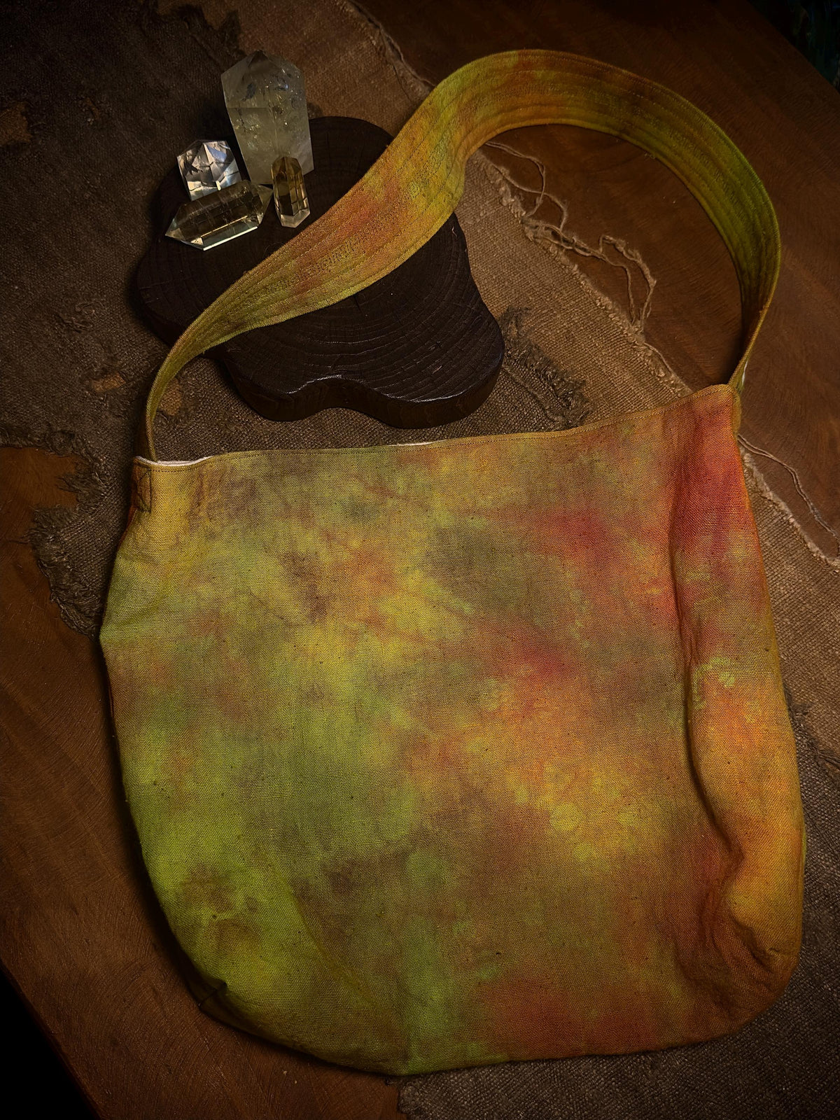 Natural plant dyed cotton shoulder bag in earthy orange olive and green tones